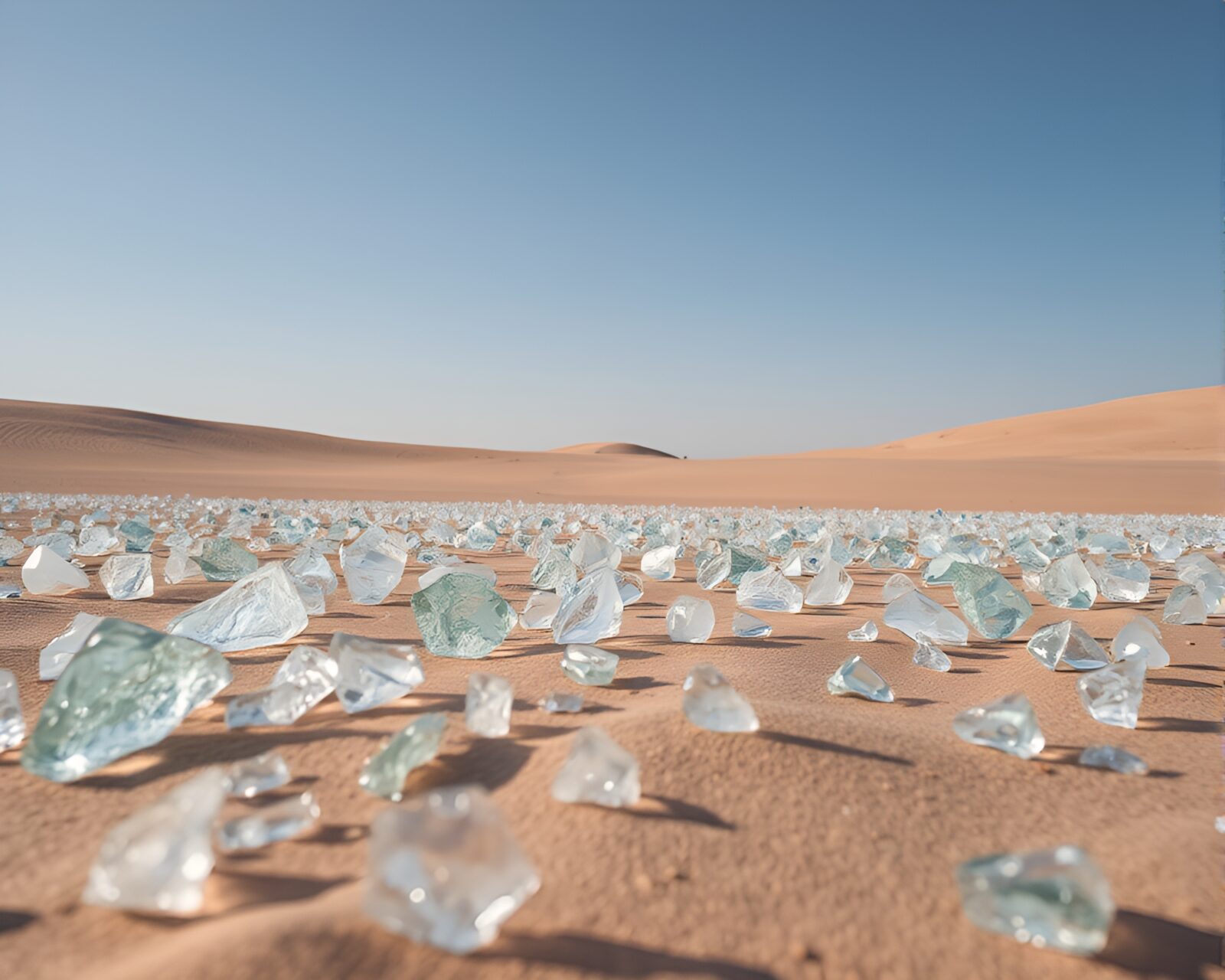 Tranquil desert scene with sparkling glass pieces under clear blue sky