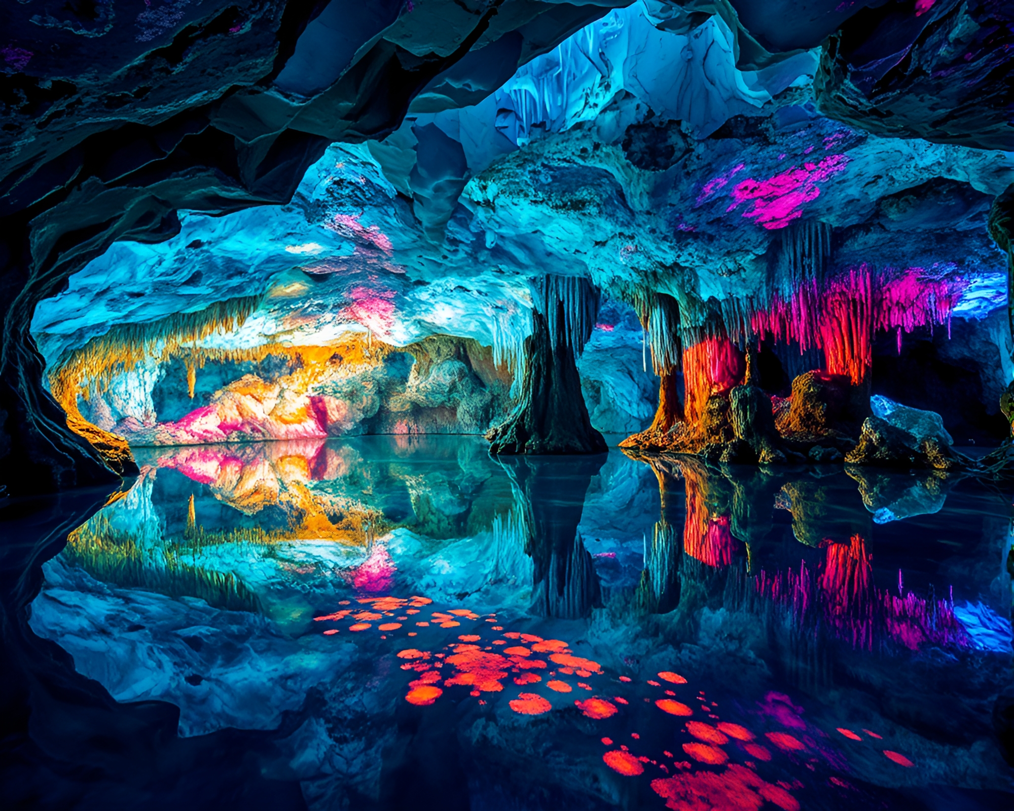 Mesmerizing Crystal Lake Reflecting Cubist Stalactites – free AI stock image