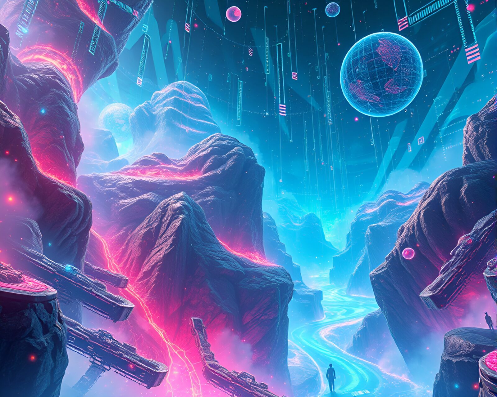 Surreal landscape with flowing digital data streams in vibrant colors