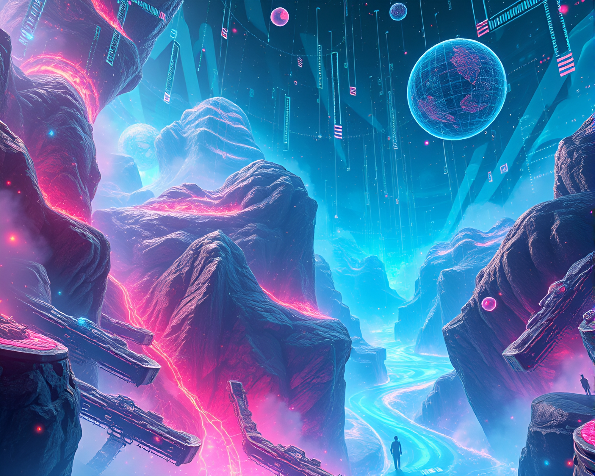 Futuristic digital data streams in surreal dreamlike landscape – free AI stock image