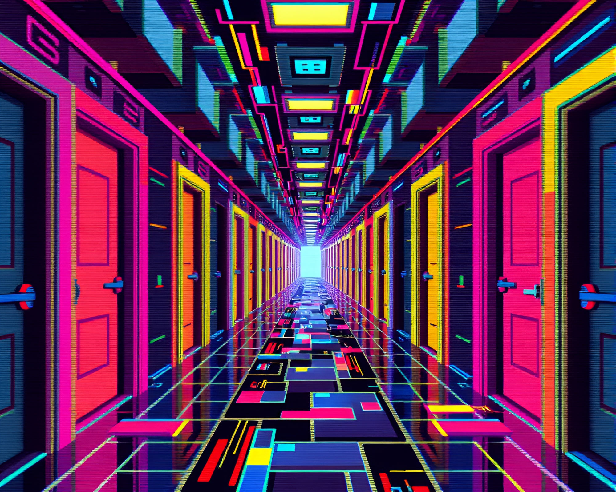 Retro 8-Bit Glitch Art Labyrinth Doors – free AI stock image