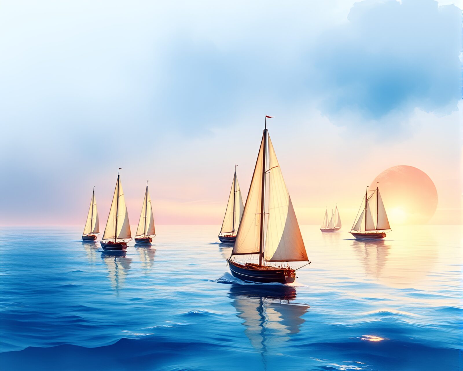 Graceful fleet of solar sail ships in contemplative watercolor