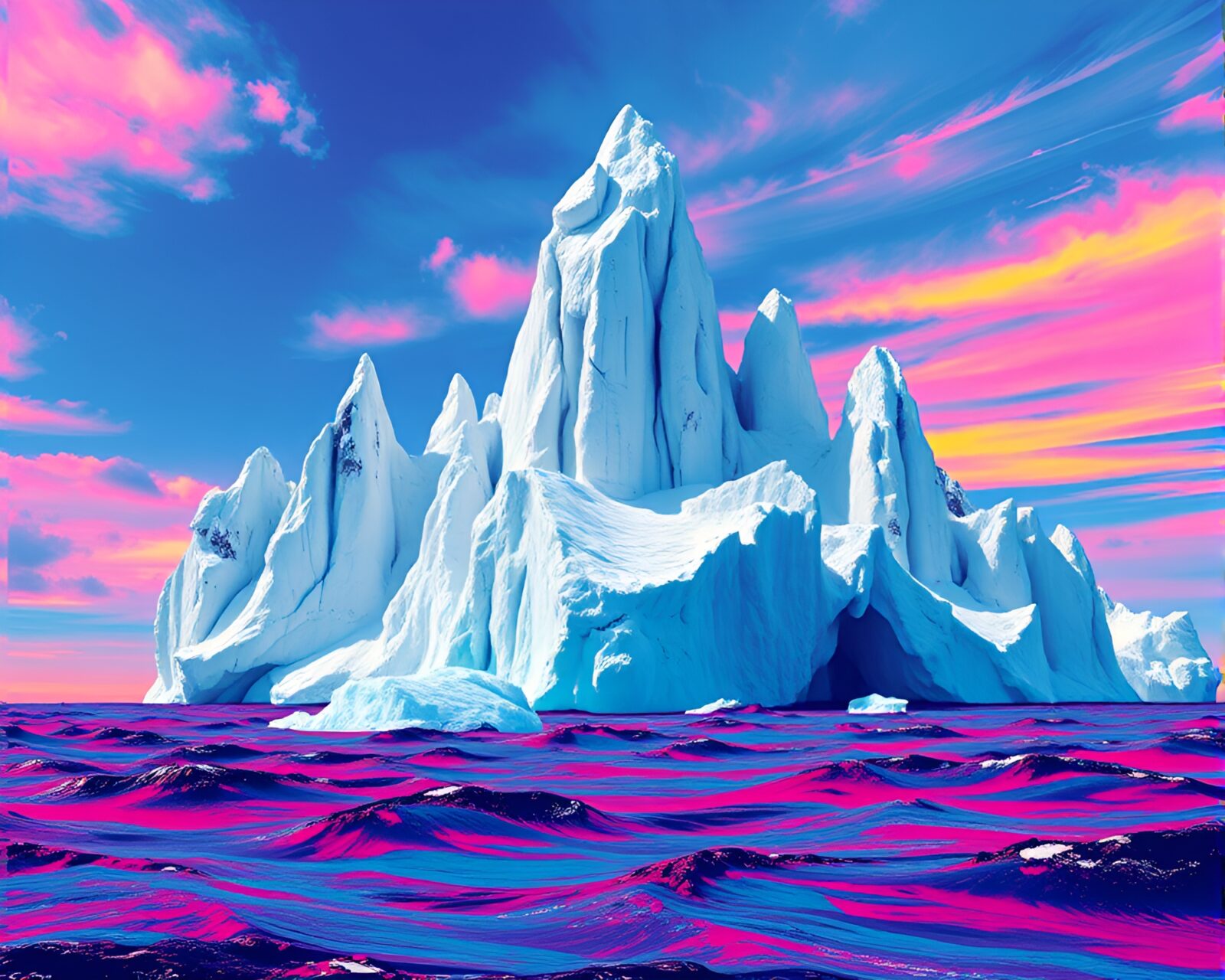Vibrant Pop Art ocean with majestic cathedral-like iceberg