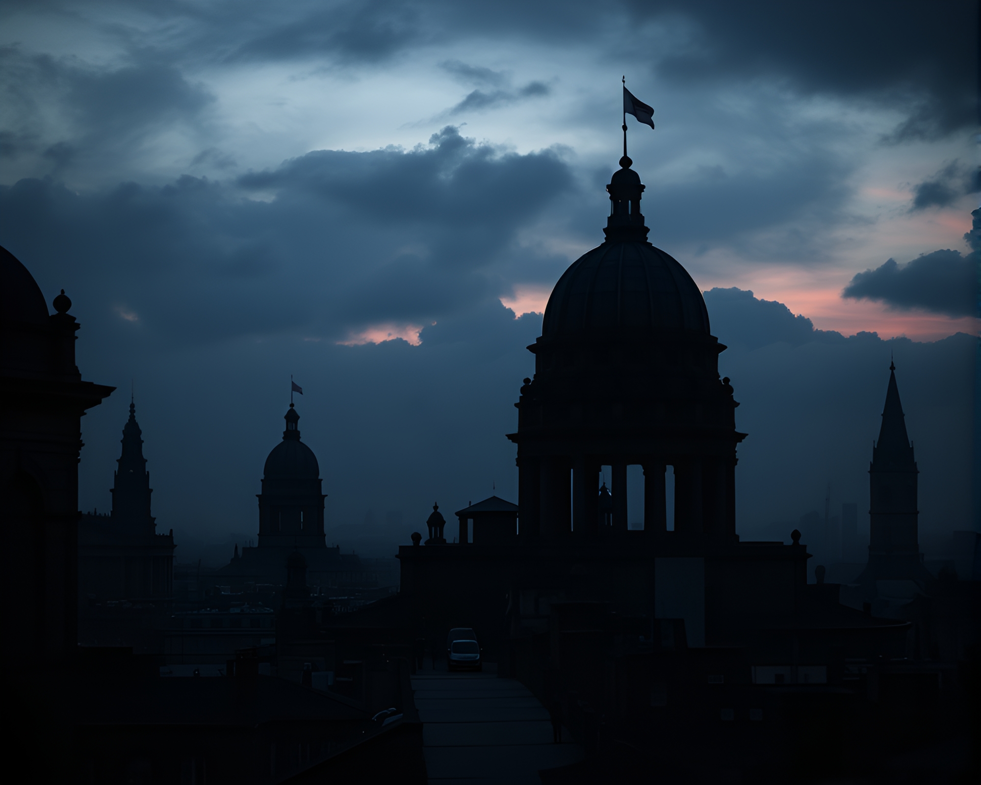 Looming Ancient Urban Skyline at Dusk – free AI stock image