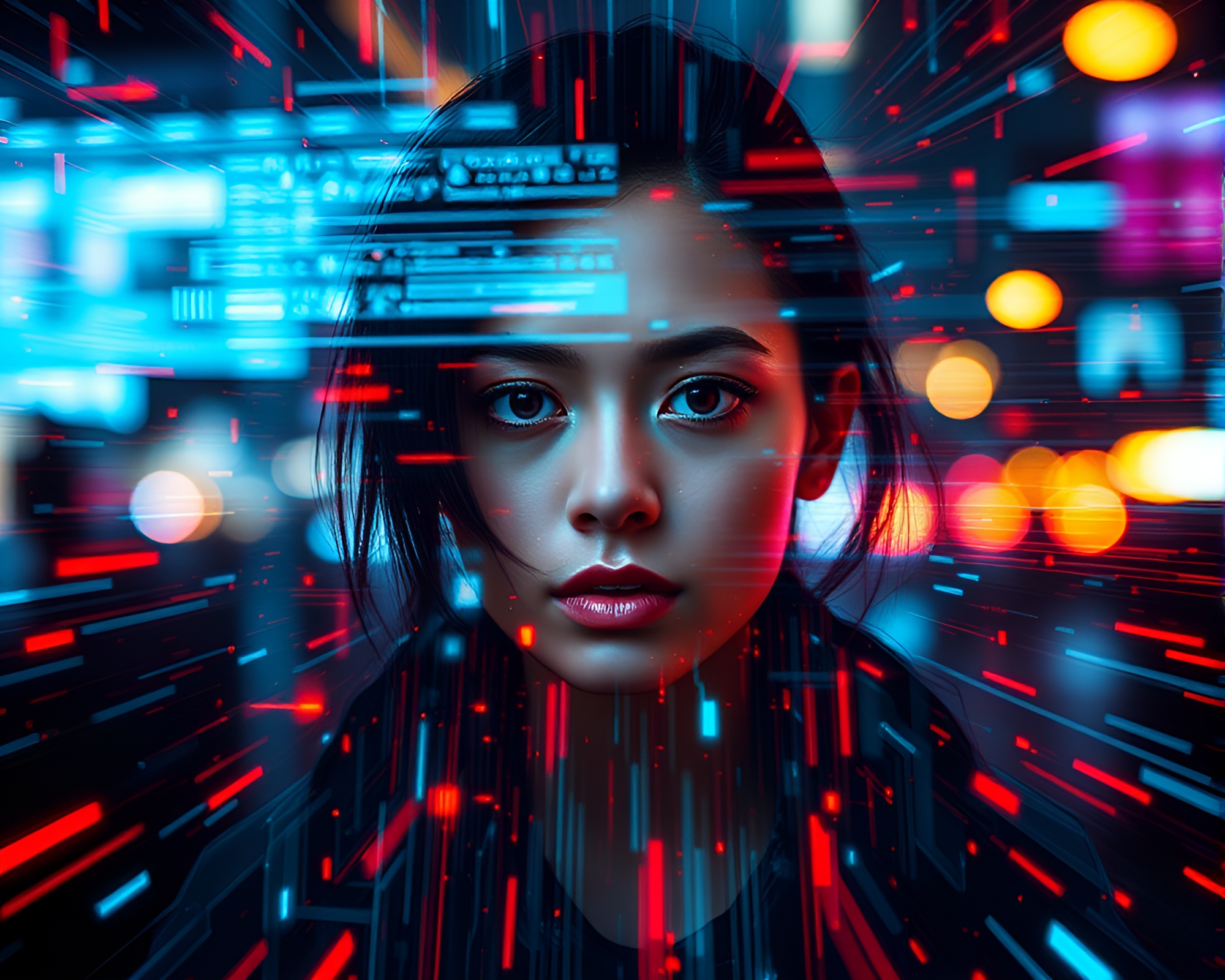 Frenetic Cyberpunk Portrait with Digital Data Stream Overlay – free AI stock image