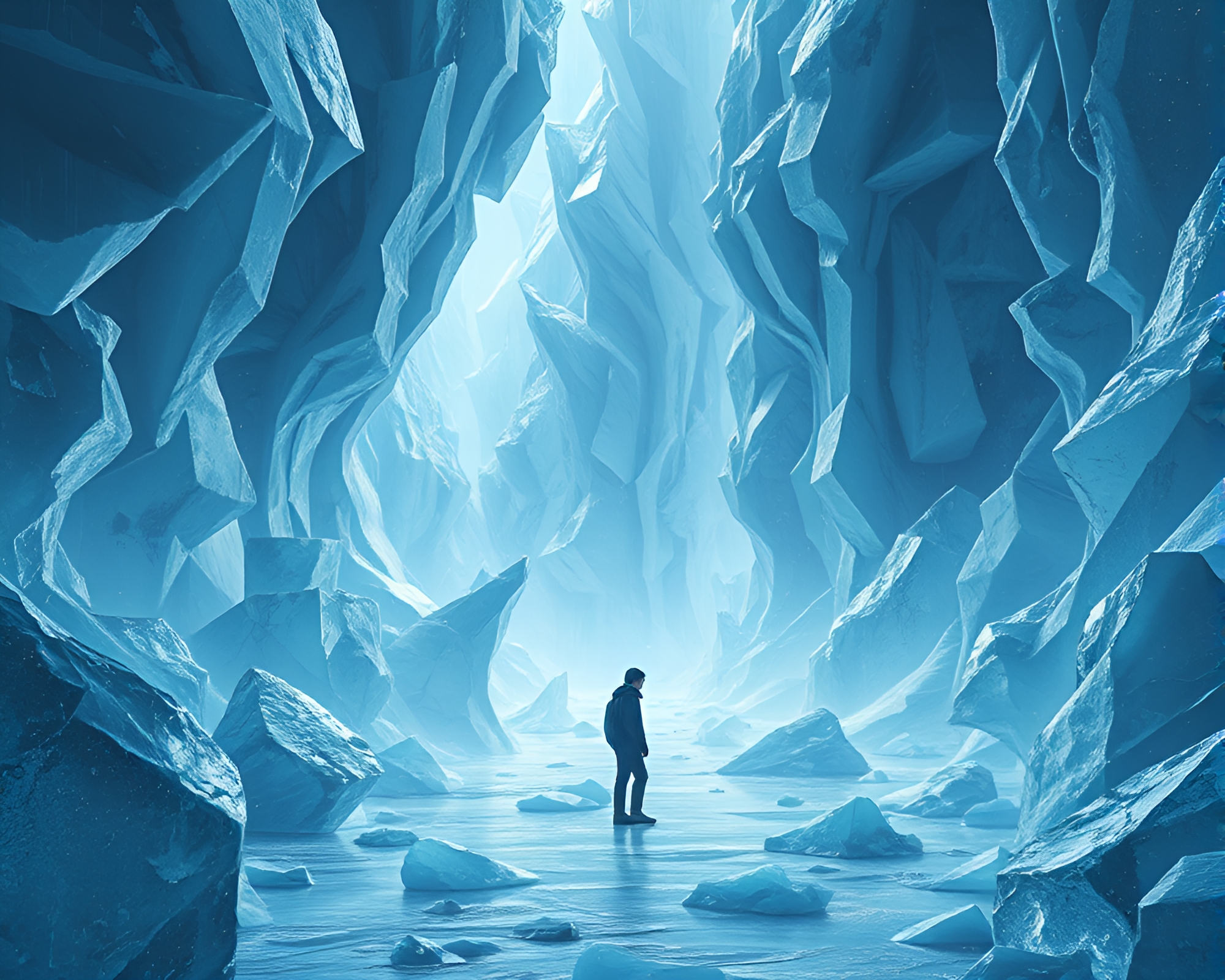 Lonely figure in ice prism cavern surrounded by 3D shapes – free AI stock image