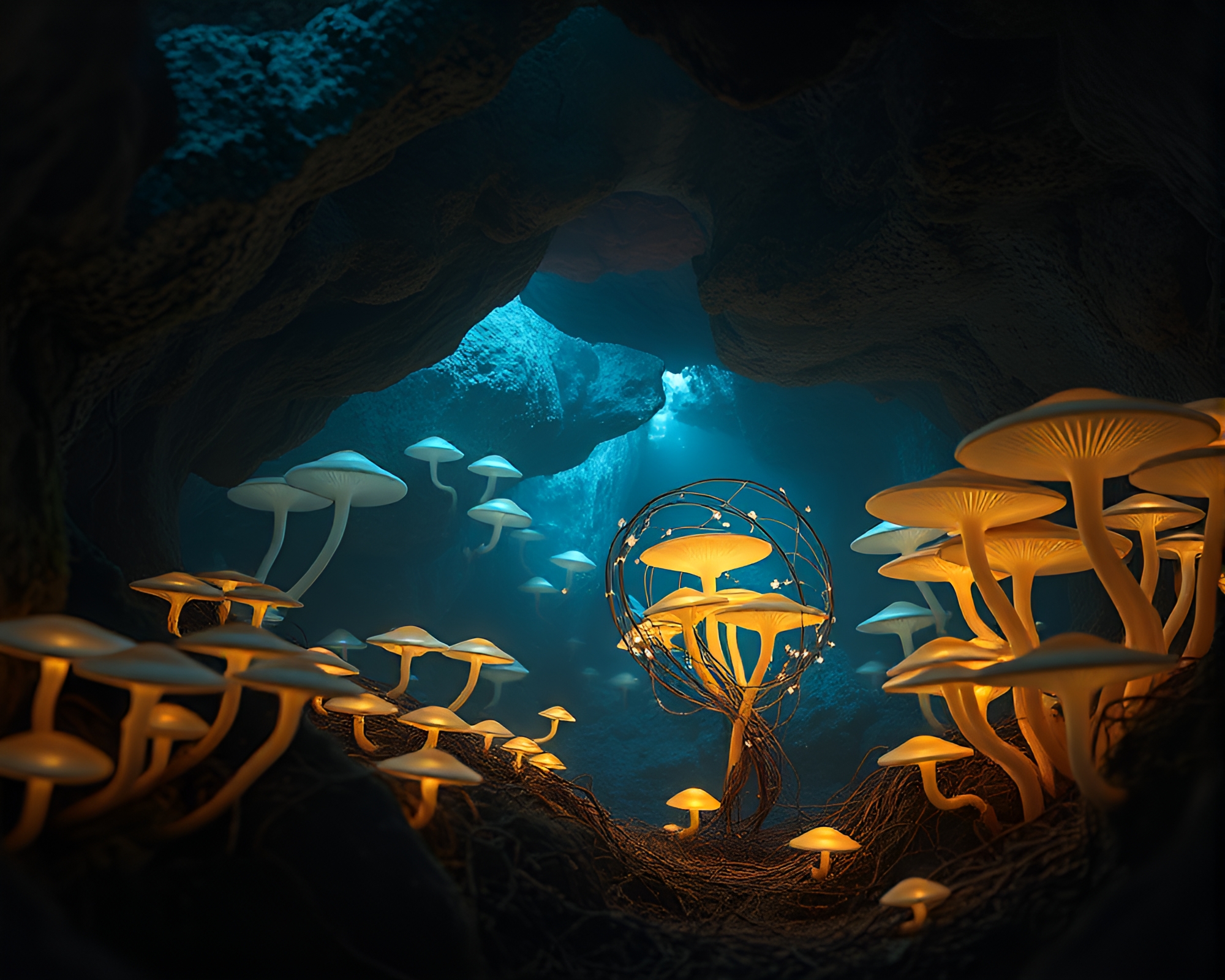 Tranquil Subterranean Forest with Luminescent Fungus and Kinetic Sculpture – free AI stock image