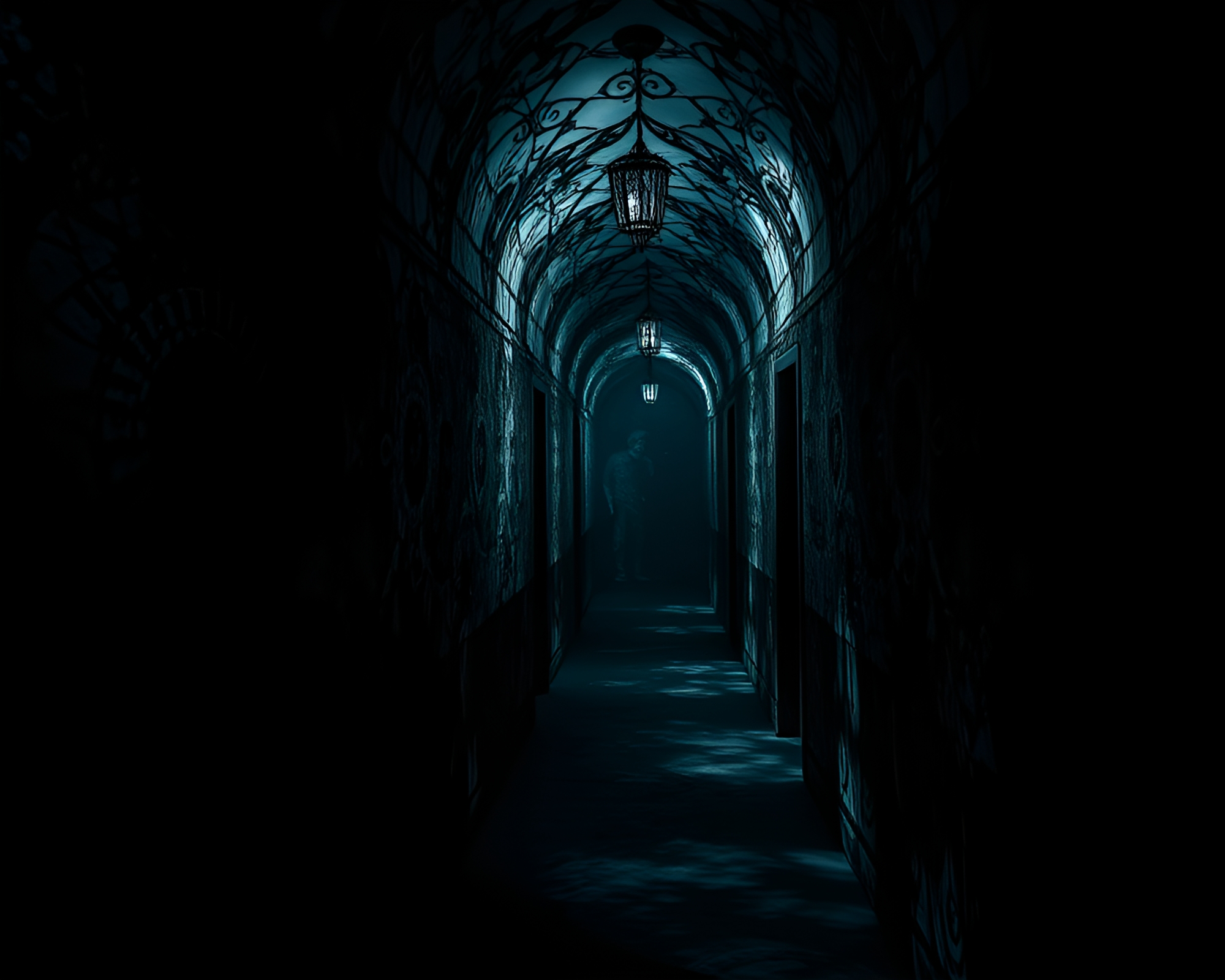 Eerie Fractal-Patterned Hallway Evokes Mystery and Intrigue – free AI stock image