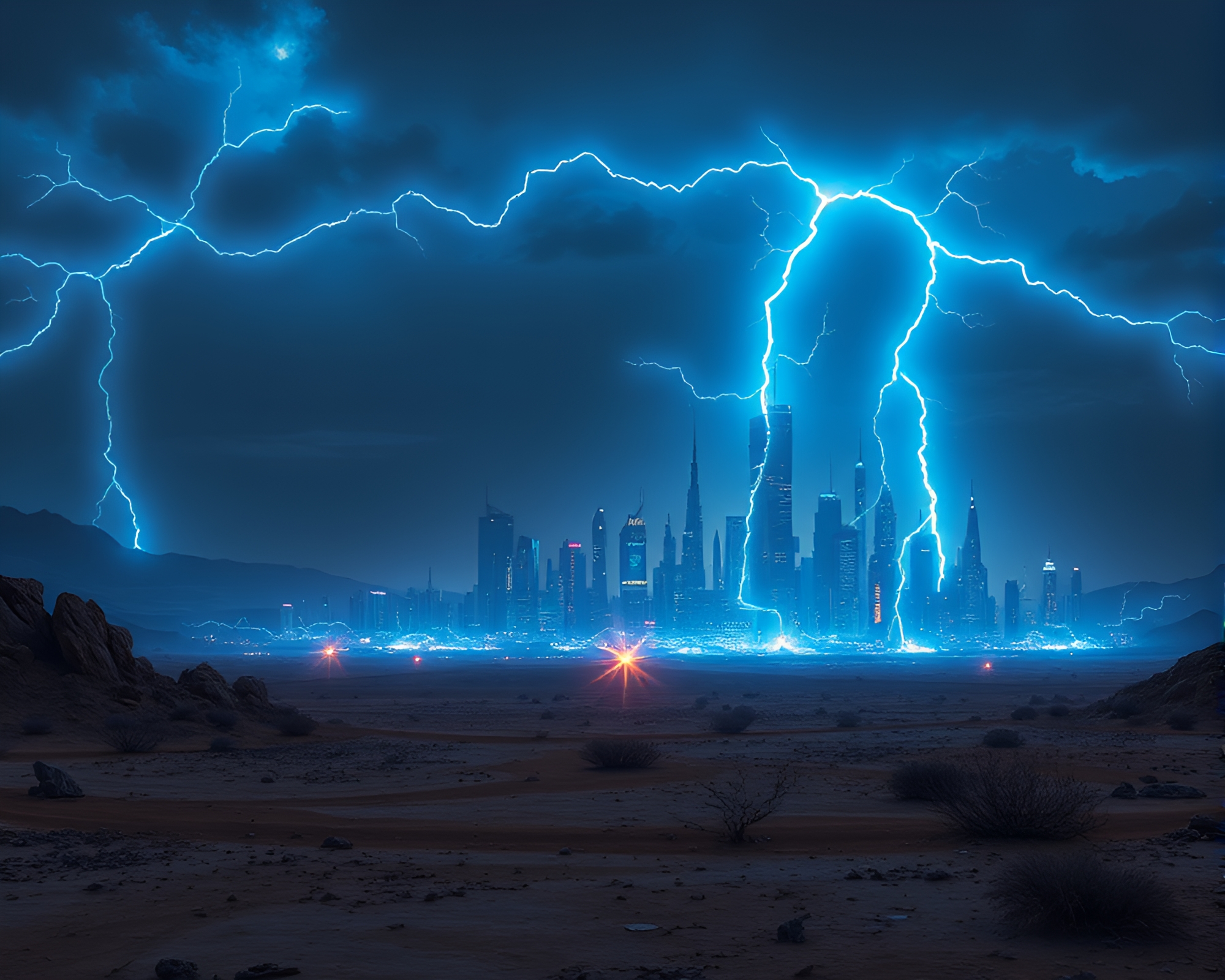 Ethereal Blue Holograms Illuminate Futuristic Wasteland Cityscape – free AI stock image