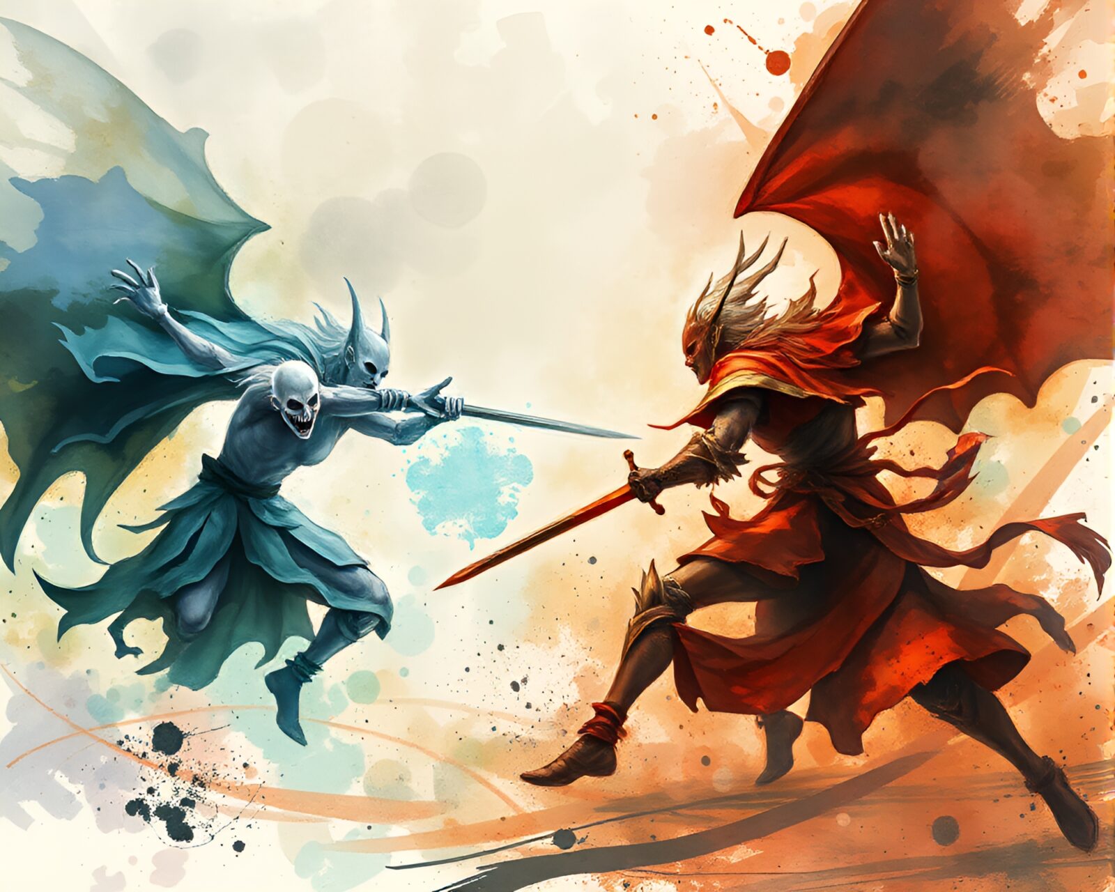Ethereal warriors clash in vivid watercolor battlefield scene