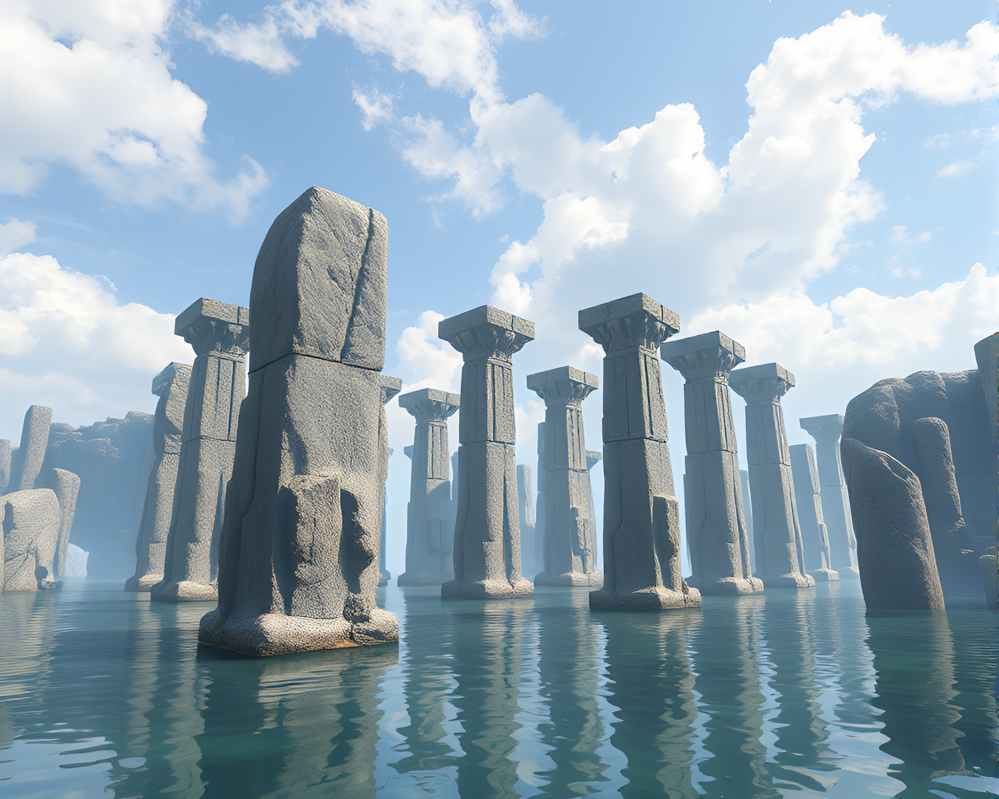 Suspended Monolithic Pillars in Tranquil 3D Rendering – free AI stock image