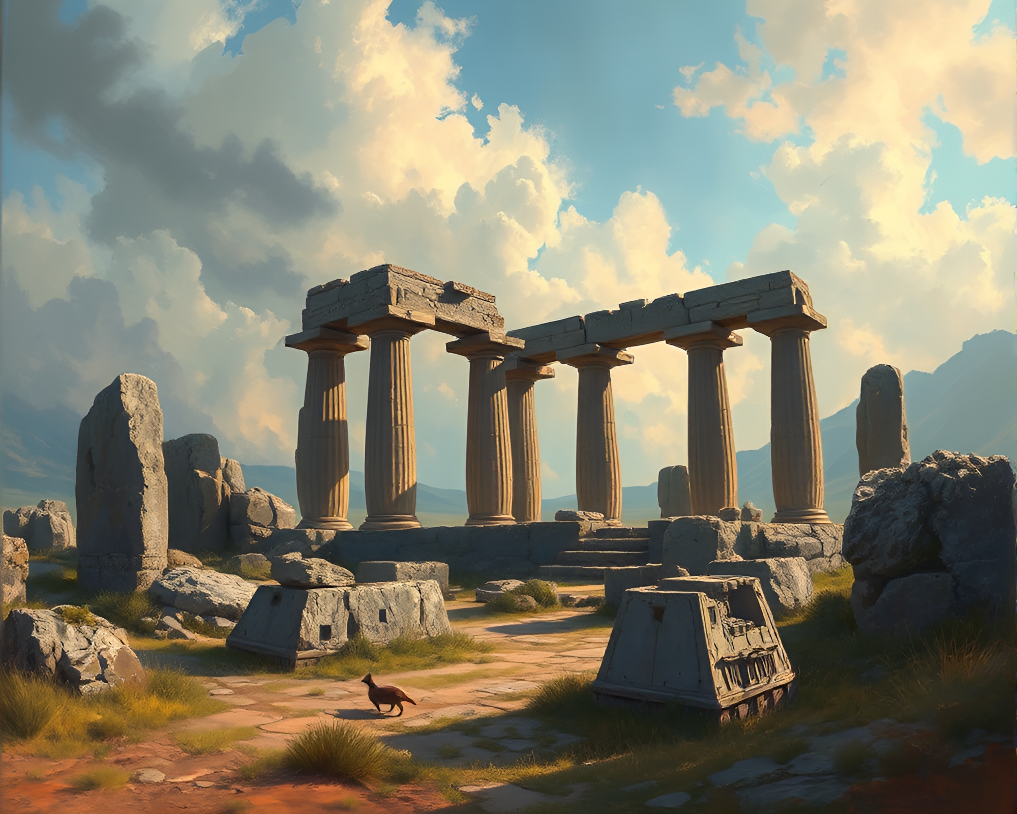 Mystical Ancient Ruins in Dreamy Oil Painting Style – free AI stock image