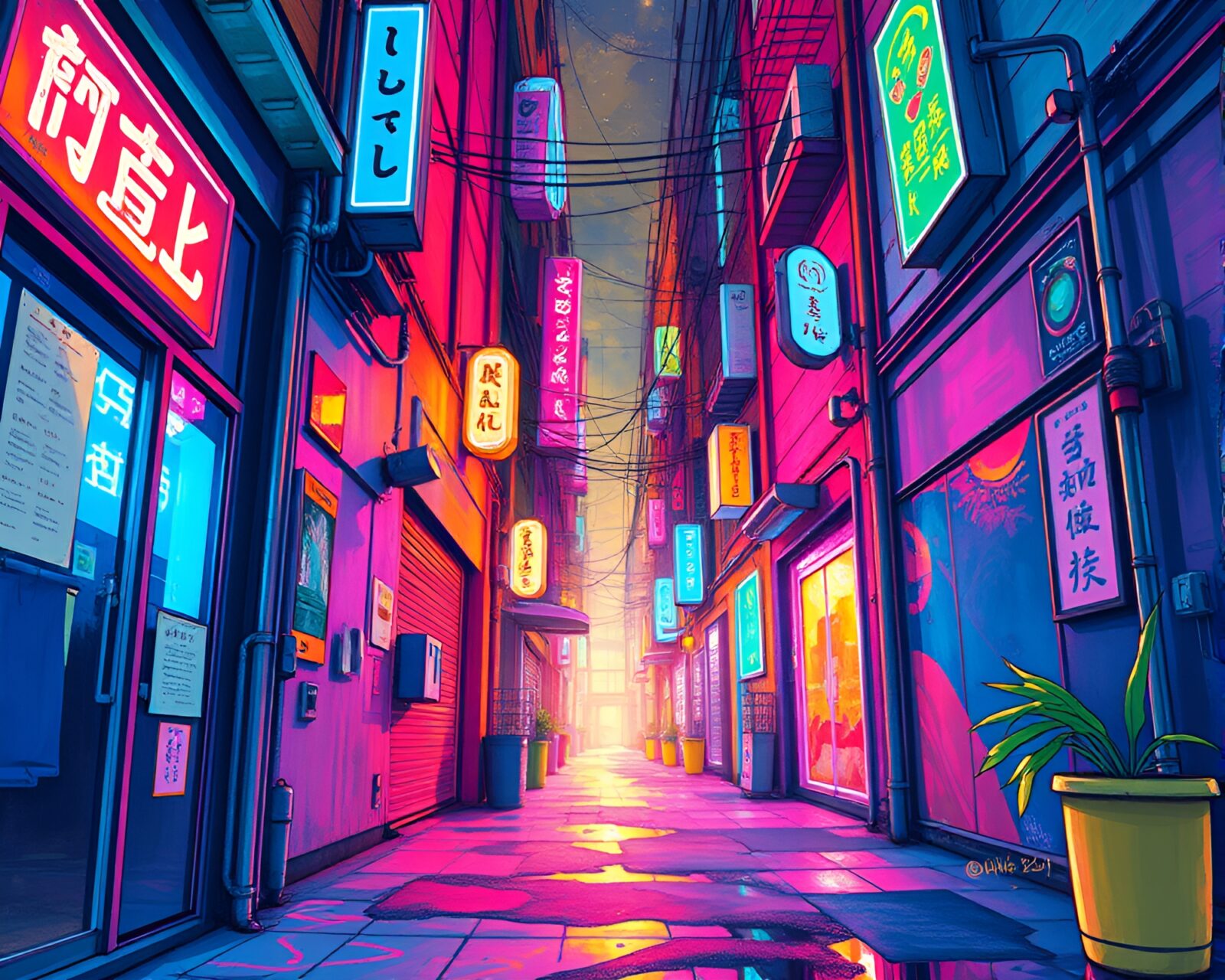 Lush and surreal gouache painting in vibrant neon-lit alley