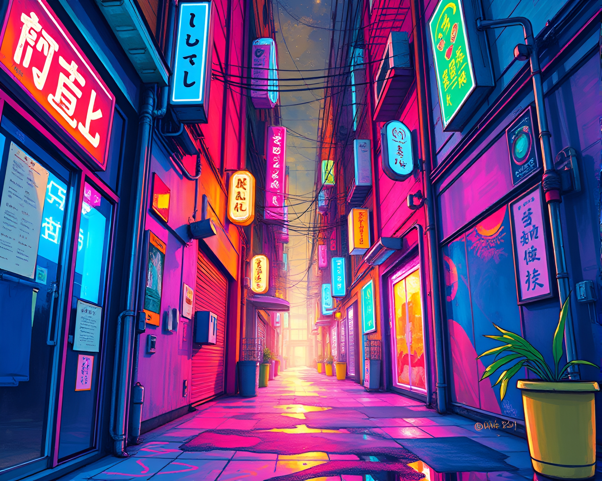 Neon-Splashed Gouache Illustration Brightens Urban Alleyway – free AI stock image