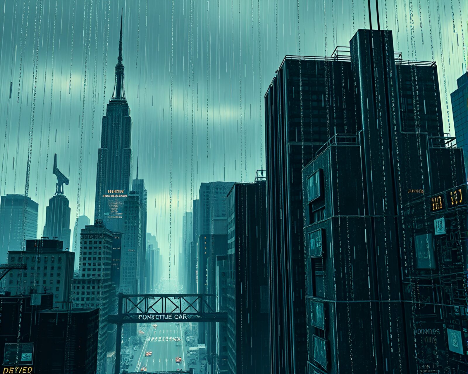 Surreal cityscape with falling binary code fragments and cubist shapes