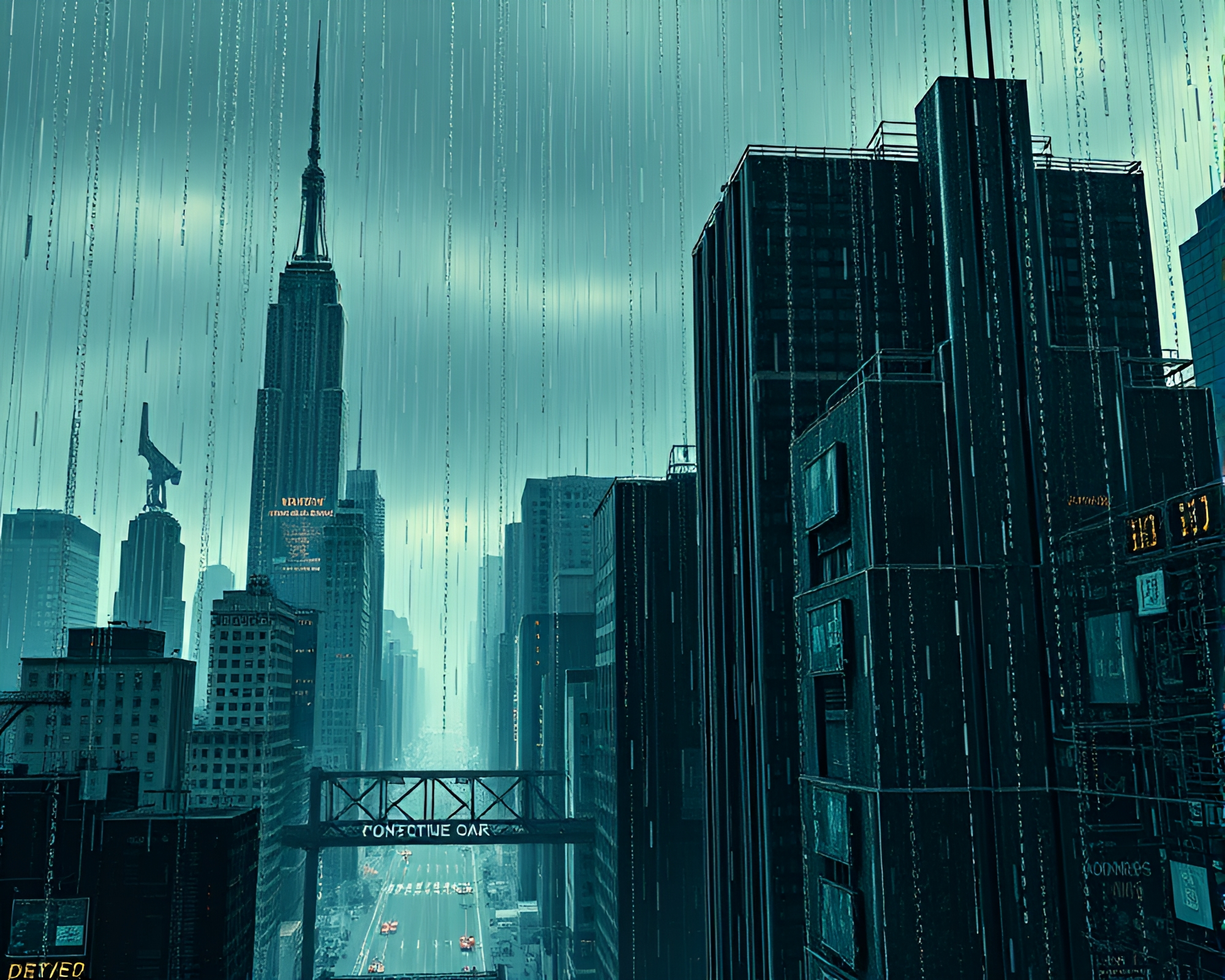 Binary Rain: Dystopian Cityscape Cubism – free AI stock image