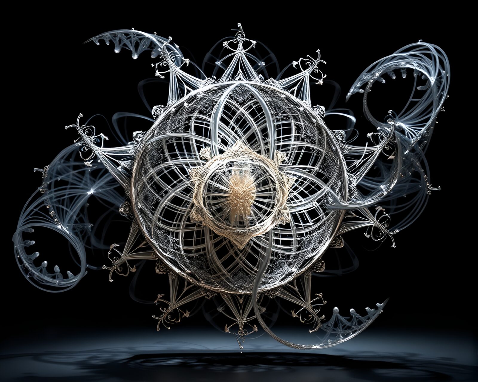 Fractal geometry kinetic sculpture symbolizing oppression with intricate design