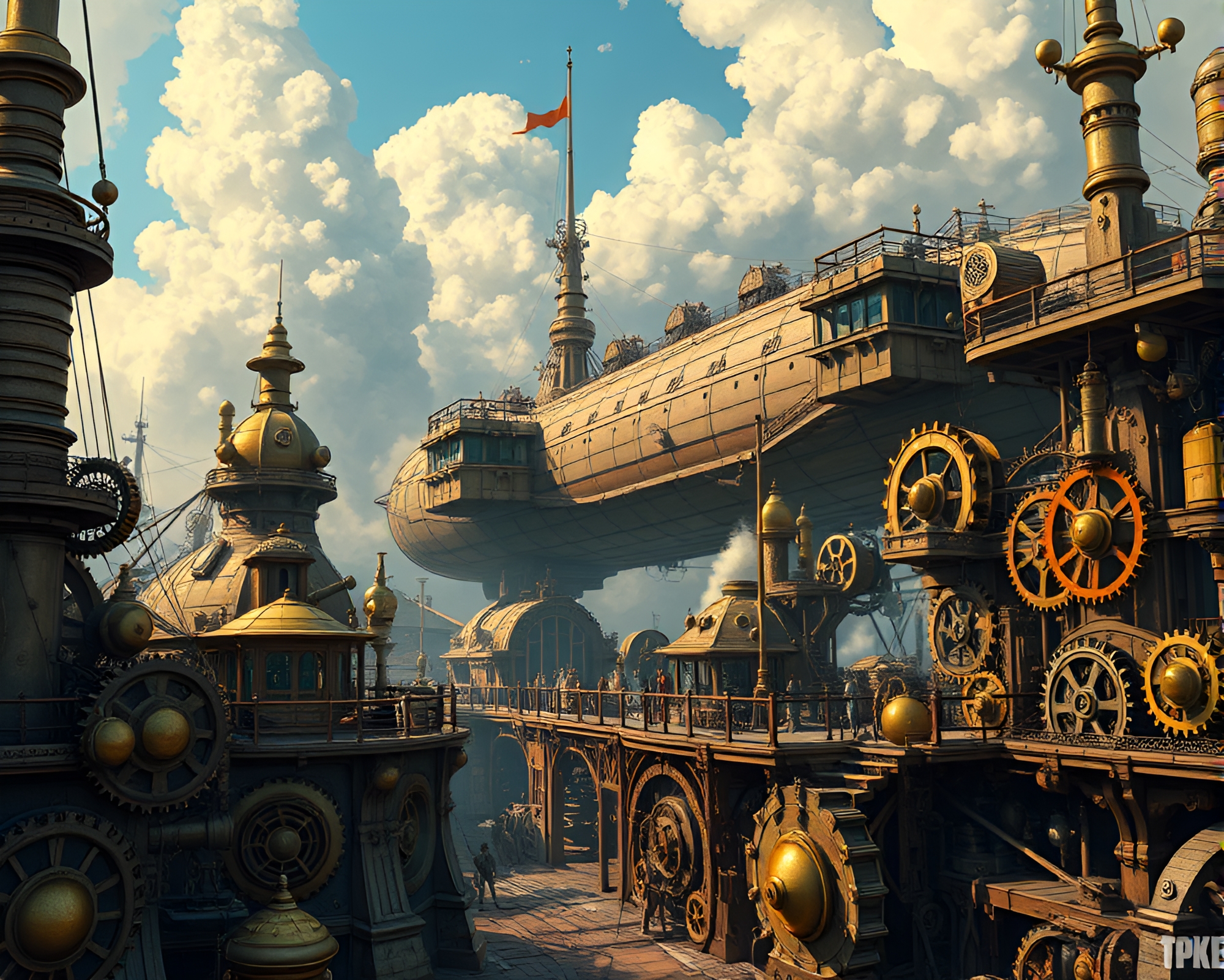 Captivating Steampunk Airship Port Photomontage Collage – free AI stock image
