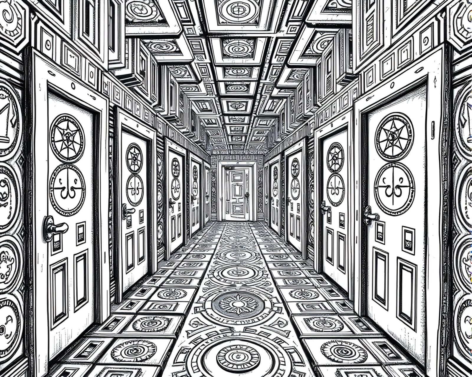 Mystical line drawing of intricate doors in labyrinth