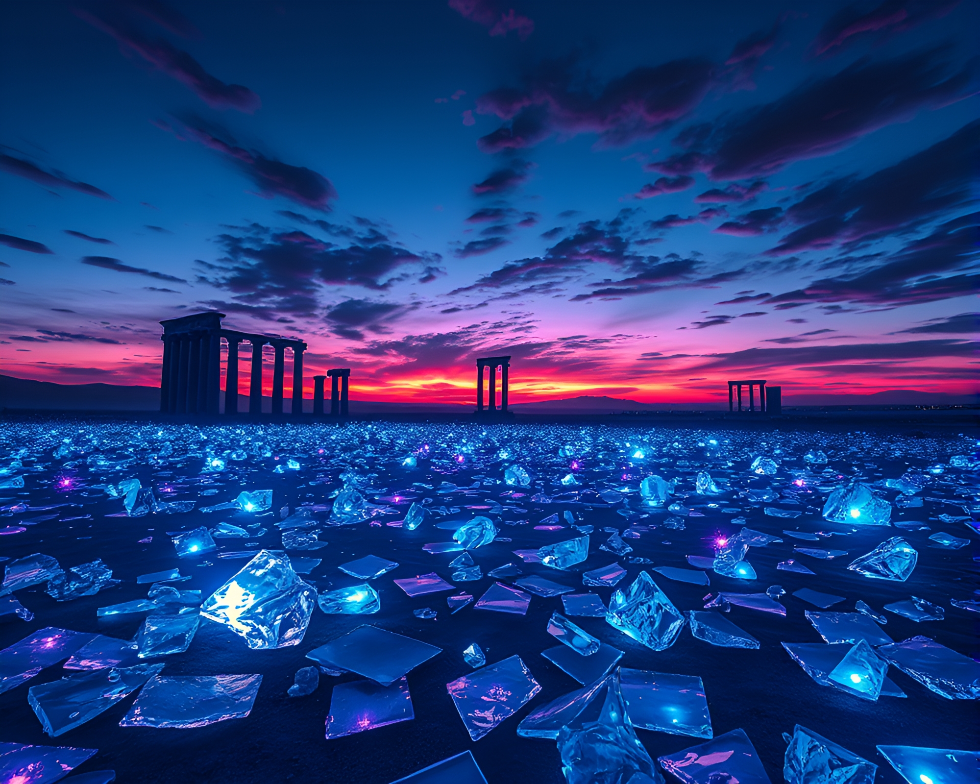 Twilight Desert of Glass Shards and Ancient Ruins – free AI stock image