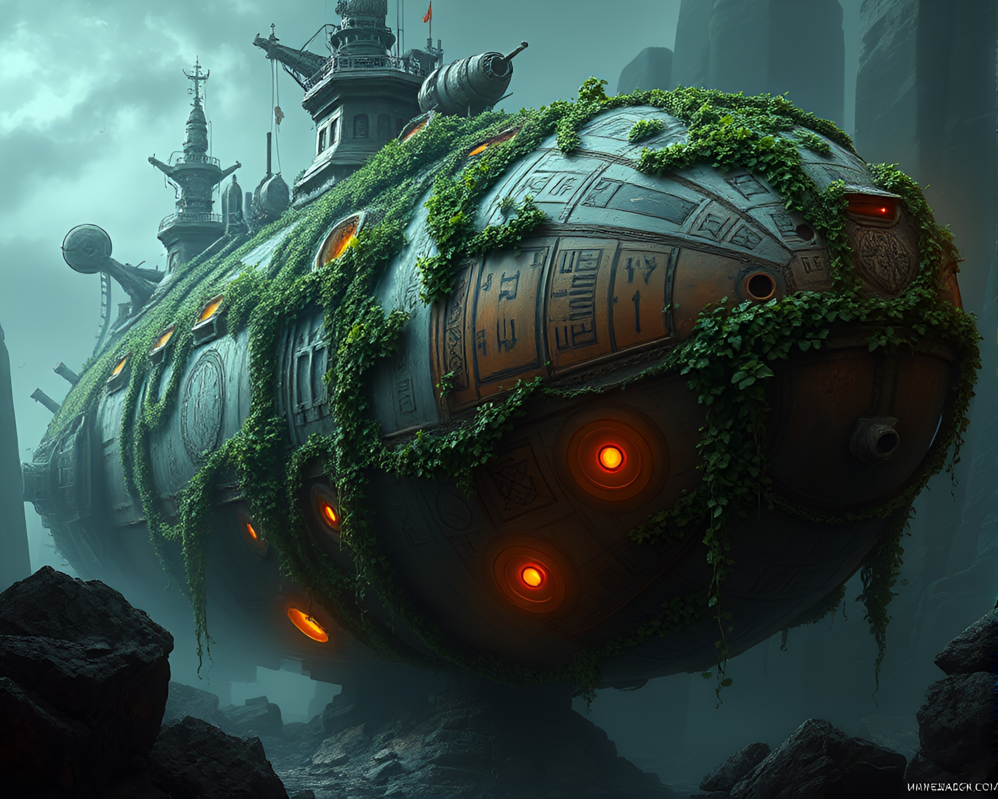 Mysterious Cosmic Spaceship: Ancient Ivy-Covered Hull – free AI stock image