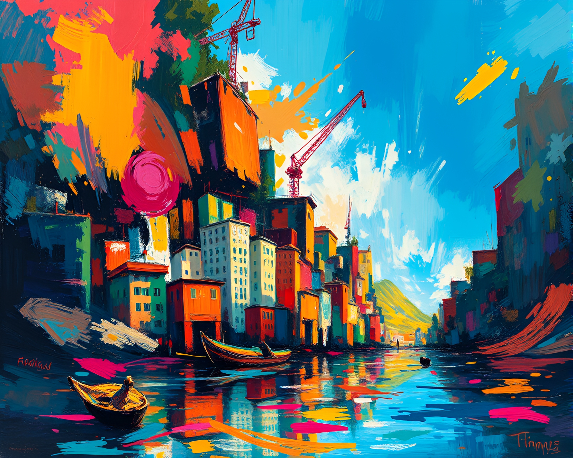 Vibrant Sunken Cityscape in Kinetic Impressionism Style – free AI stock image