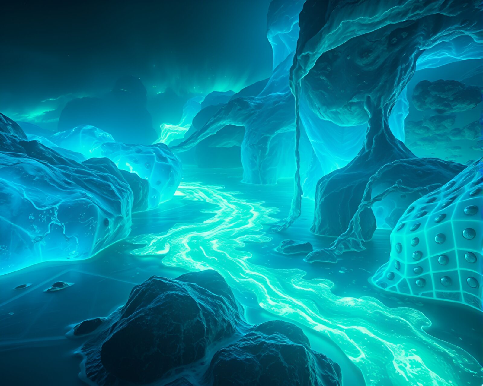 Mesmerizing river of bioluminescent liquid mercury in digital art