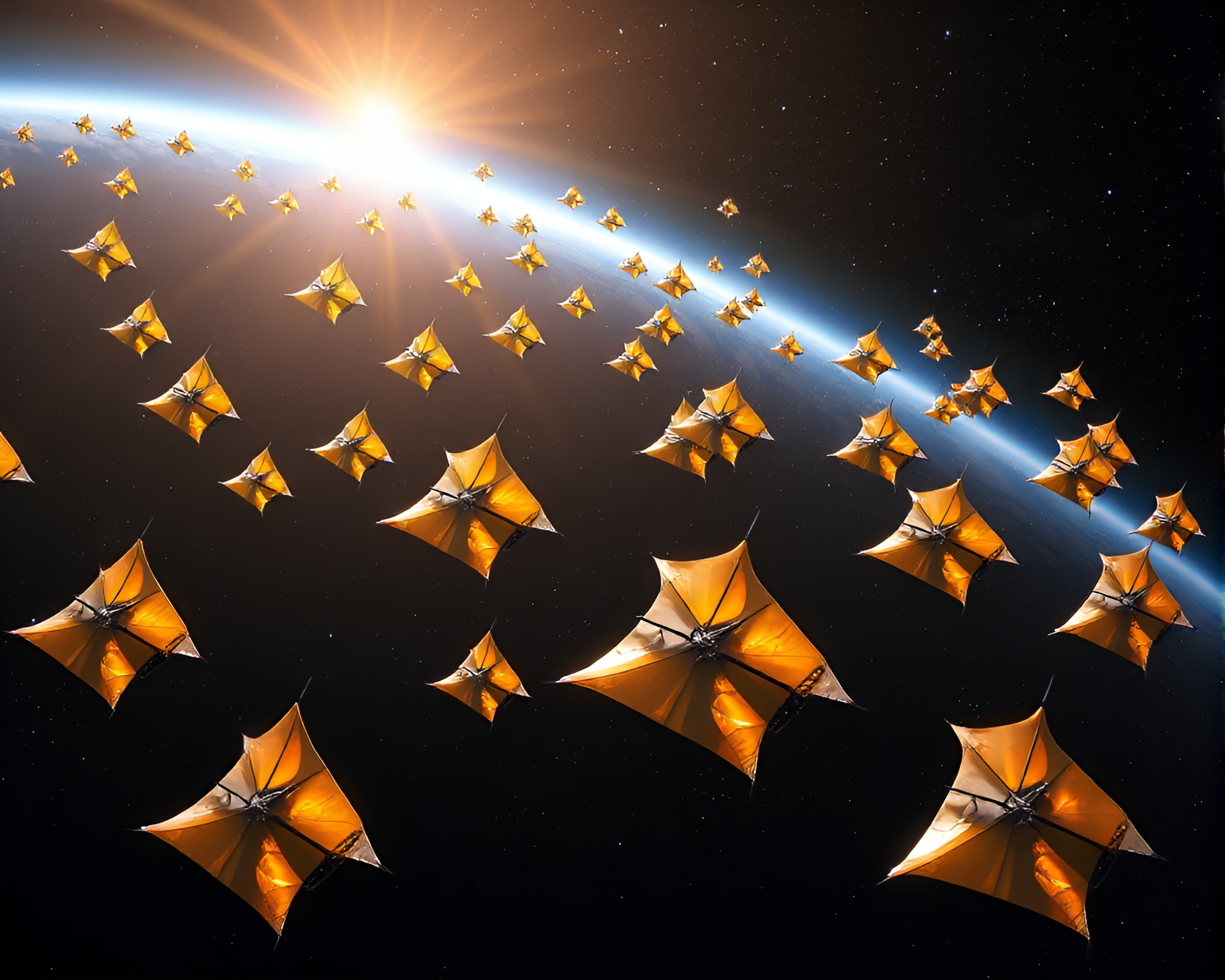 Cosmic Fleet of Solar Sail Spacecraft in Motion – free AI stock image