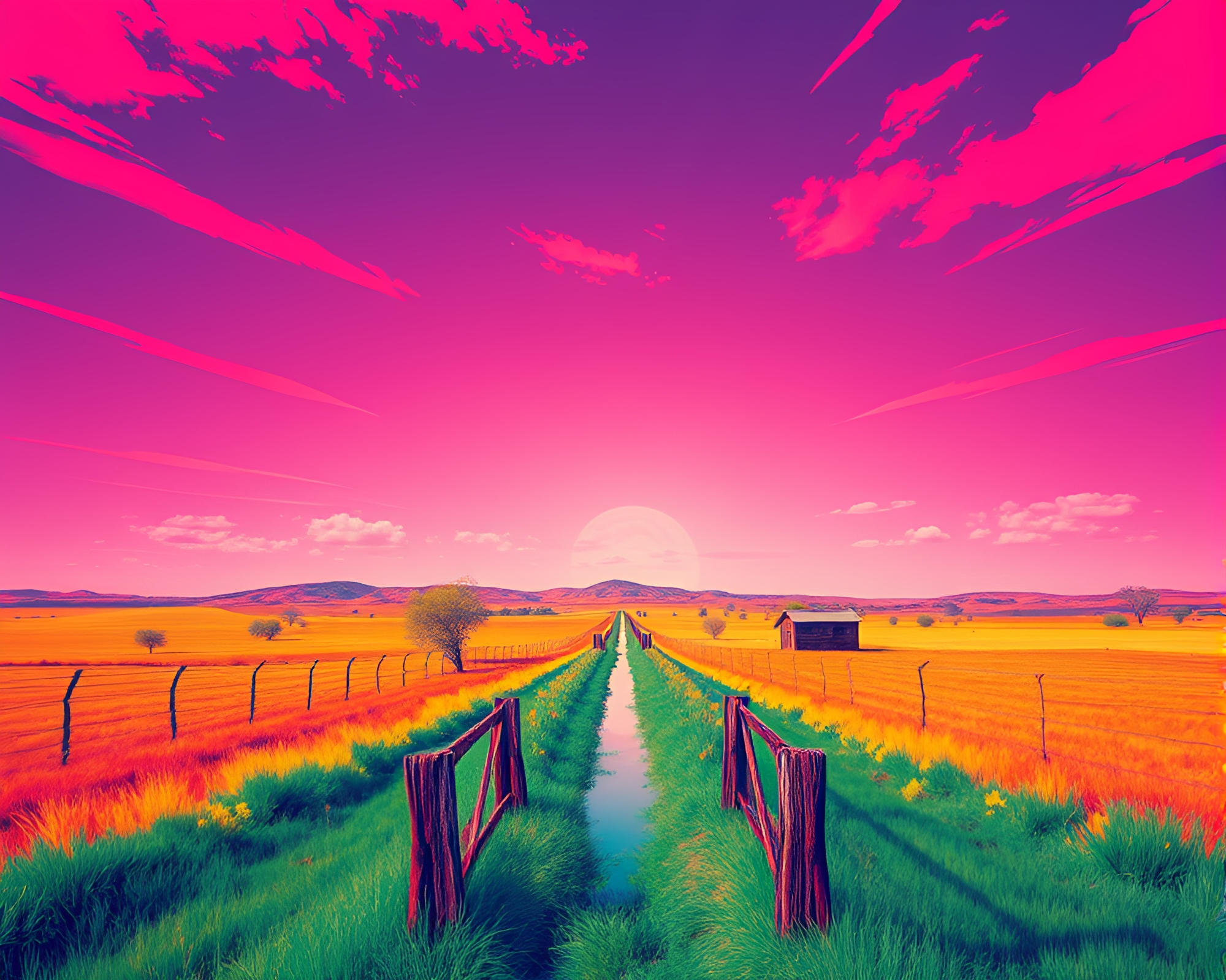 Bold Pop Art Landscape with Mirrored Horizon – free AI stock image