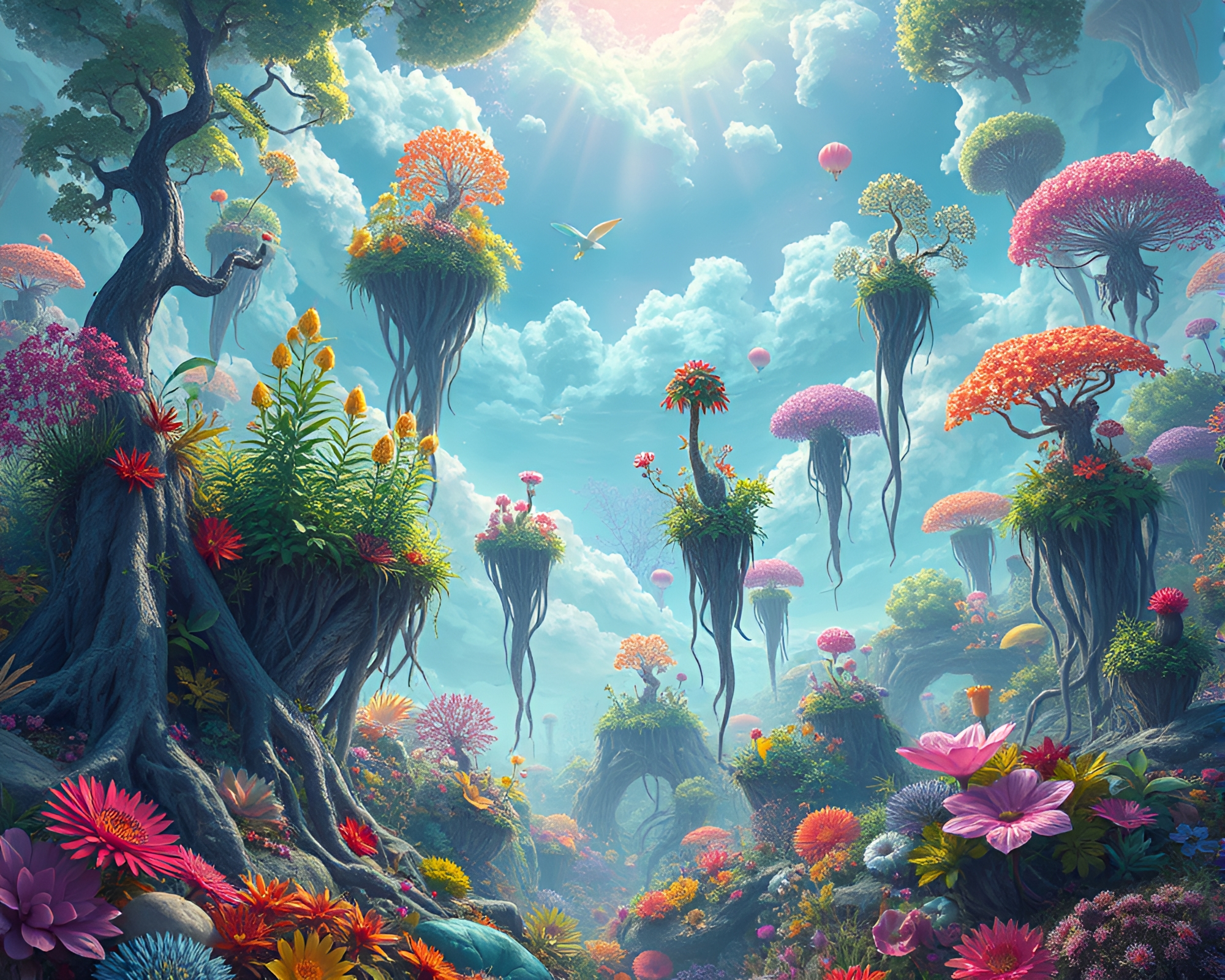 Surreal Landscape with Floating Roots and Diverse Plant Life – free AI stock image