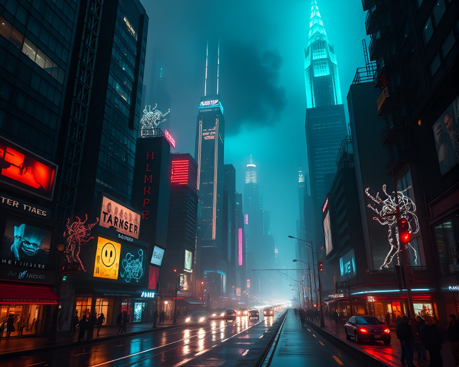 Dark cityscape with glowing skyscrapers and dynamic sculptures at night