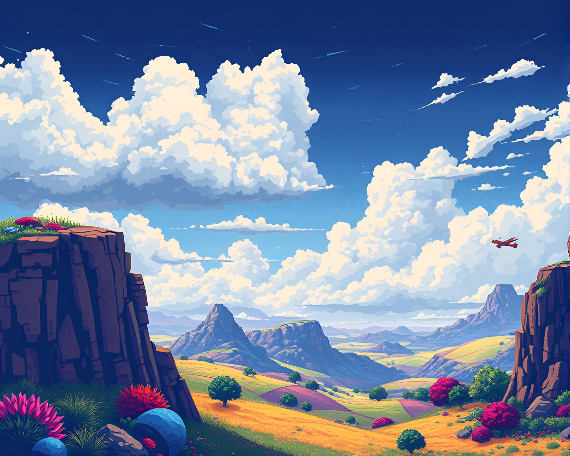 Vibrant 8-Bit Glitch Art Landscape Beneath Iron-Cloud Sky – free AI stock image