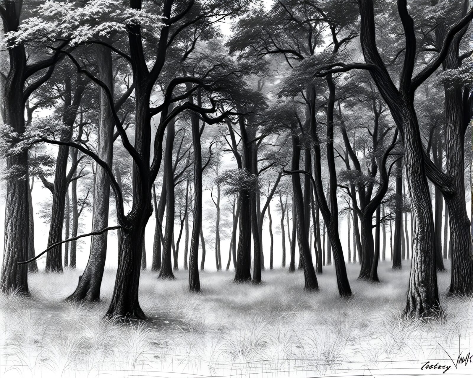 Detailed charcoal sketch showing lush forest with dynamic movement
