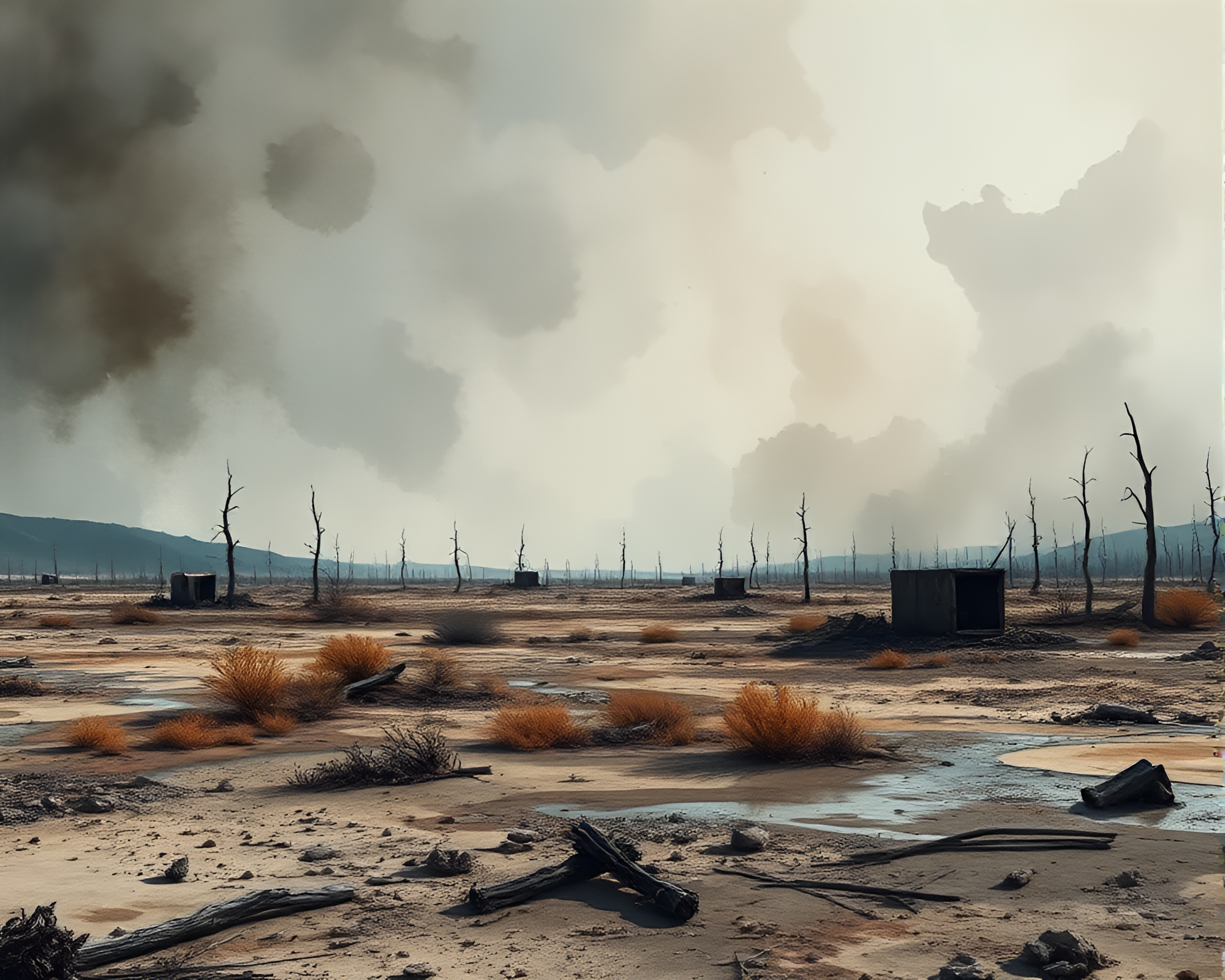 Melancholic Watercolor Splashes in Post-Apocalyptic Wasteland – free AI stock image