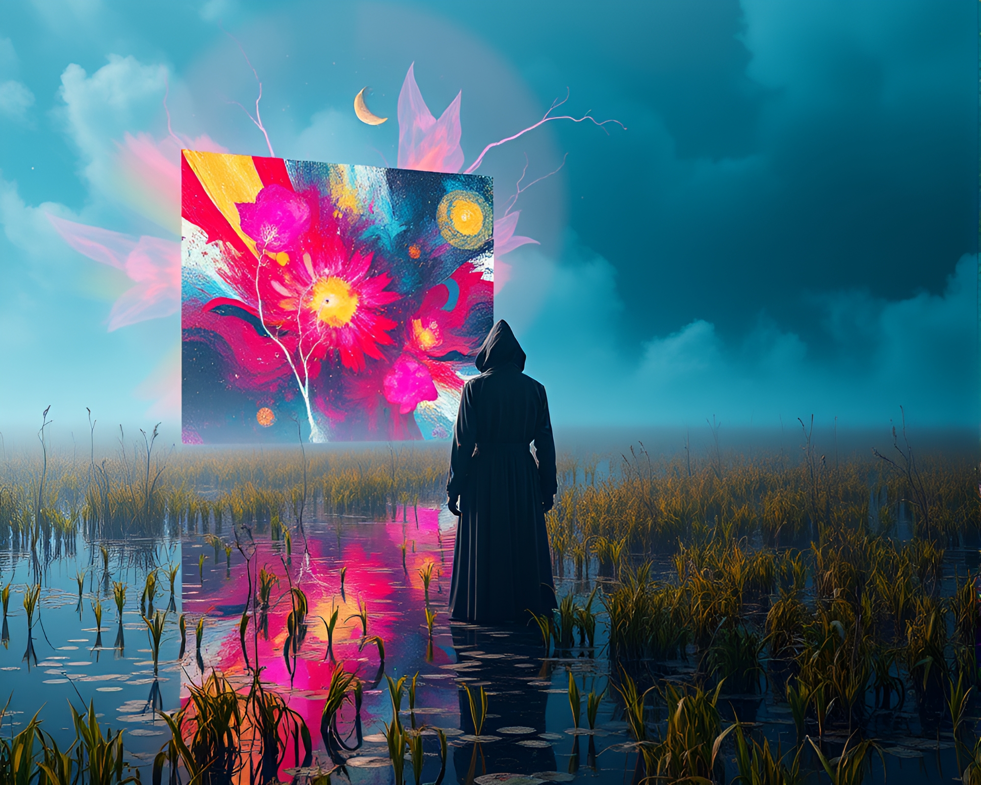 Ethereal Figure Contemplates Modern Art in Phantasmal Marsh – free AI stock image