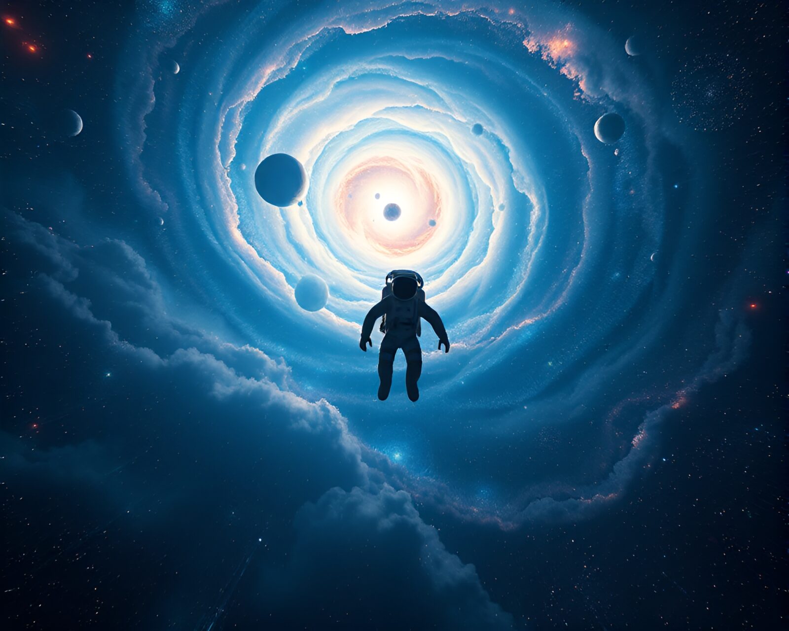 Astronaut adrift in vast cosmic sea of swirling galaxies
