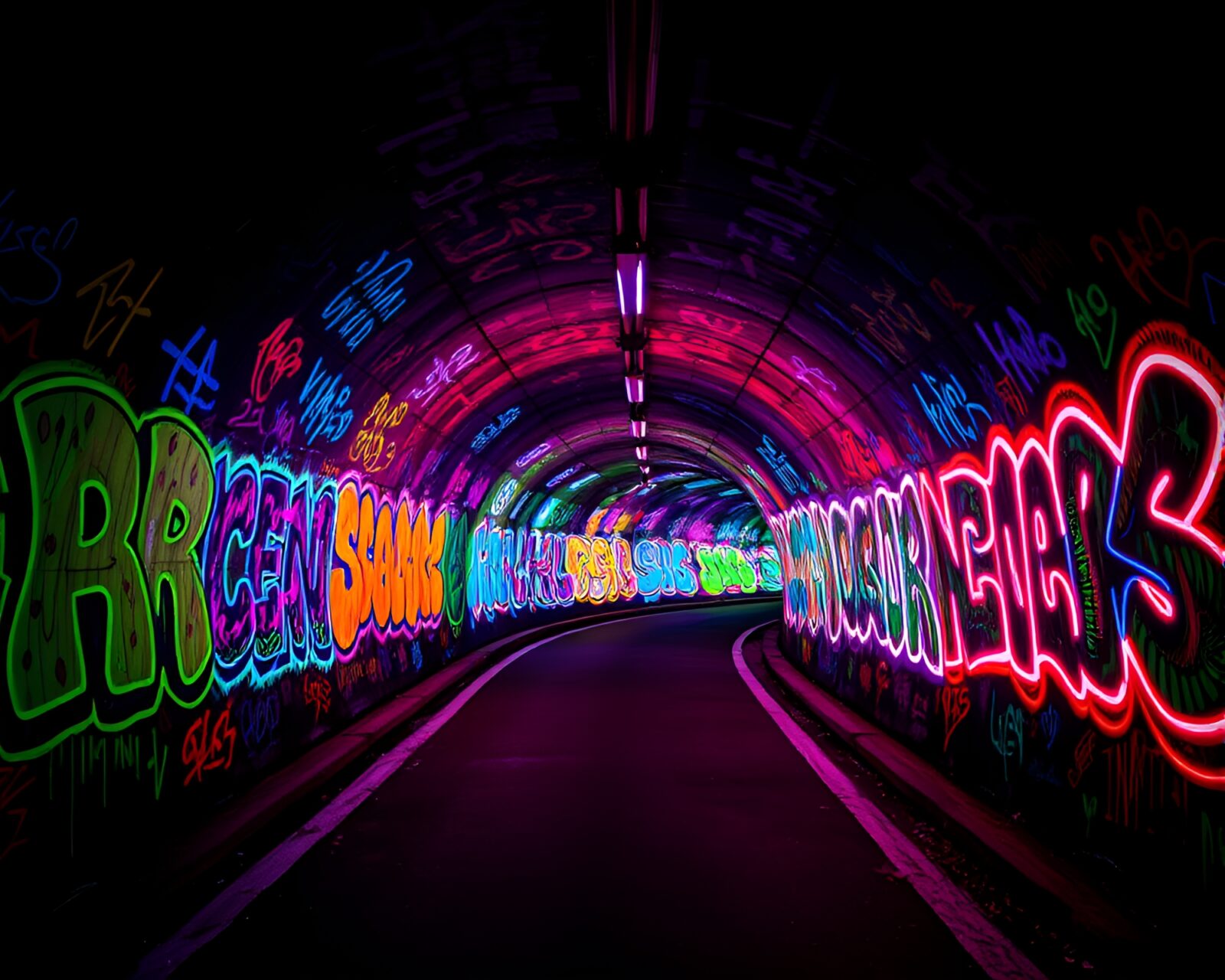 Galvanizing display of colorful neon graffiti in dark tunnel