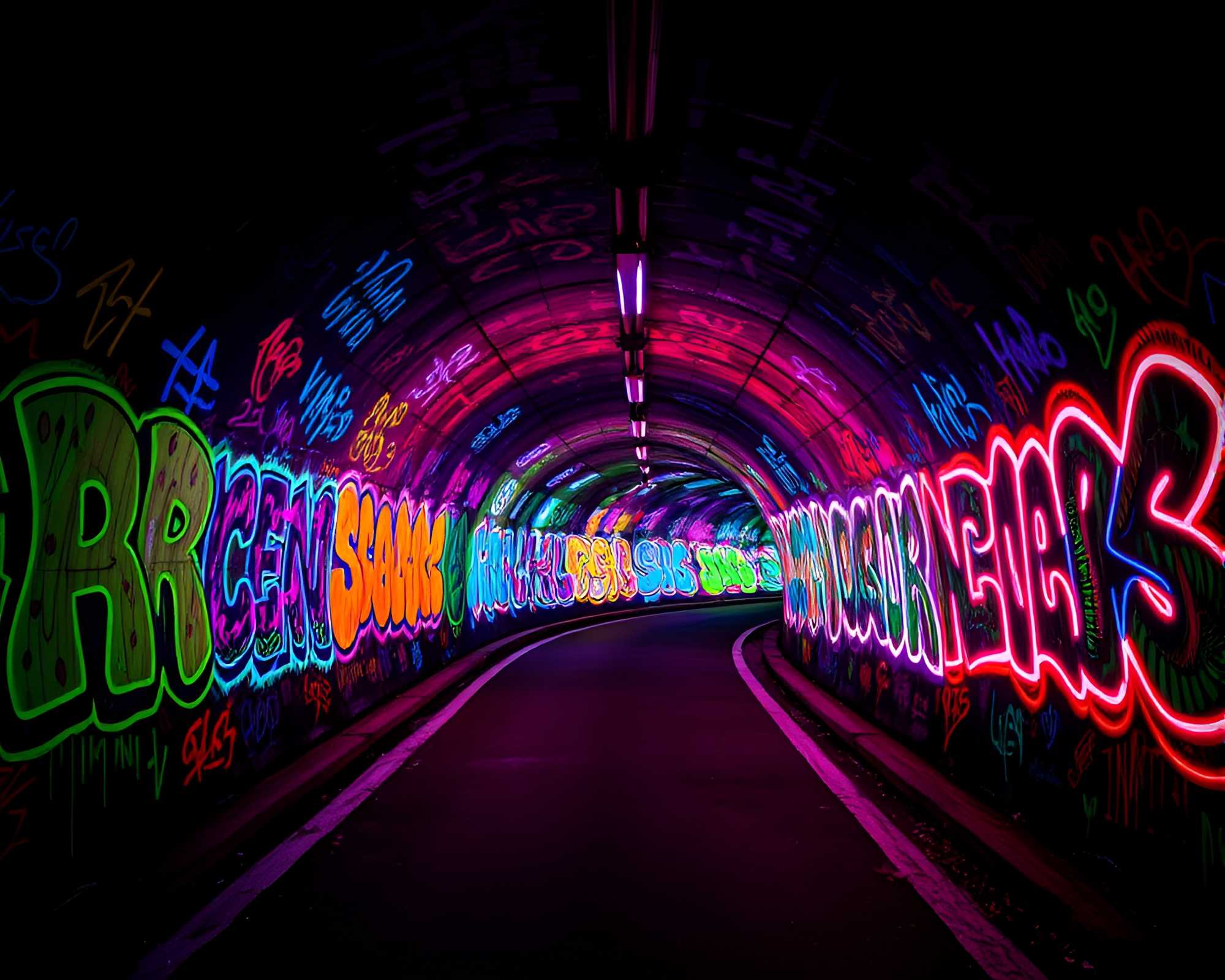 Vibrant Neon Graffiti Wall Art in Dark Tunnel – free AI stock image