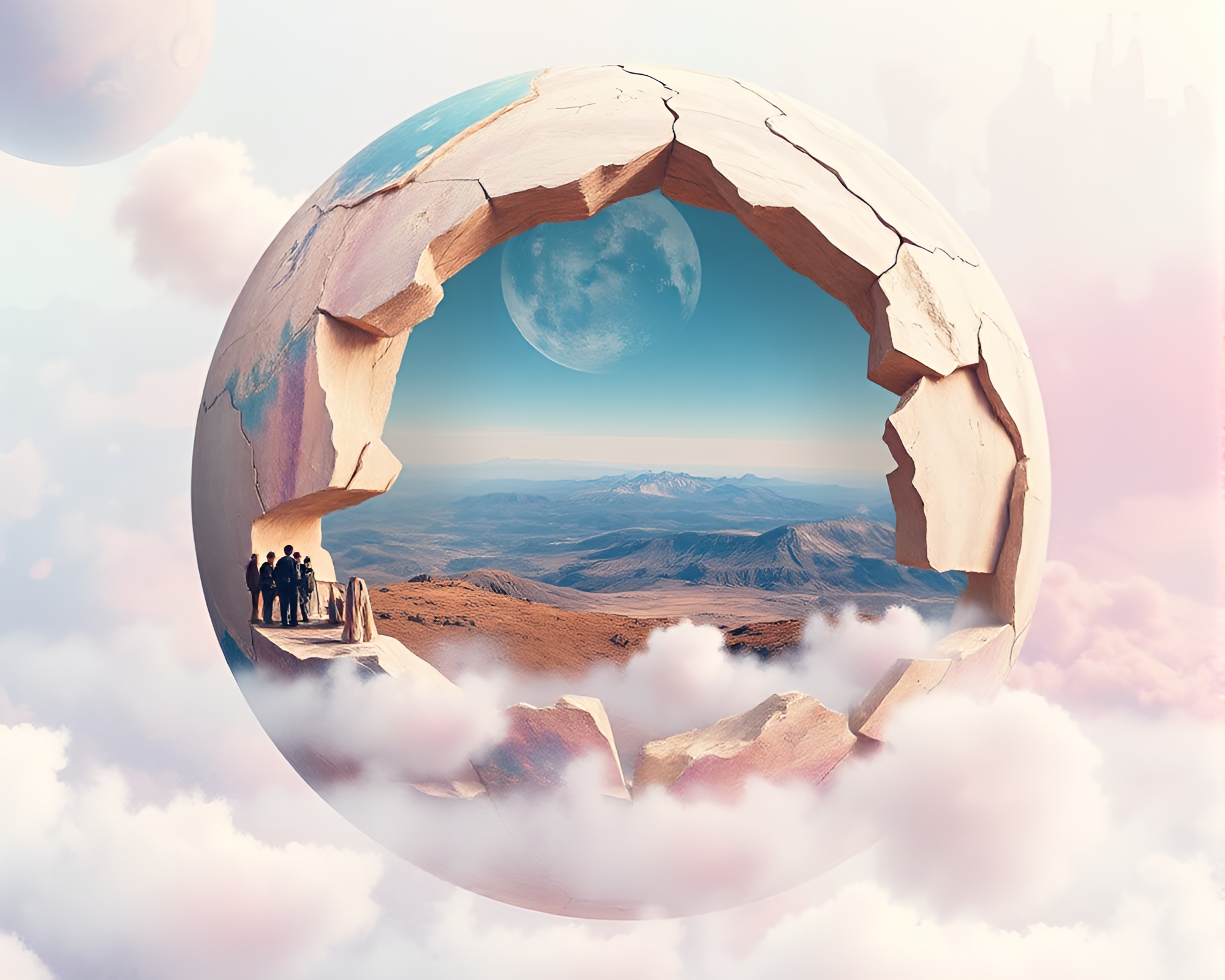 Surreal Shattered Planet Surface with Pastel Dreamy Elements – free AI stock image