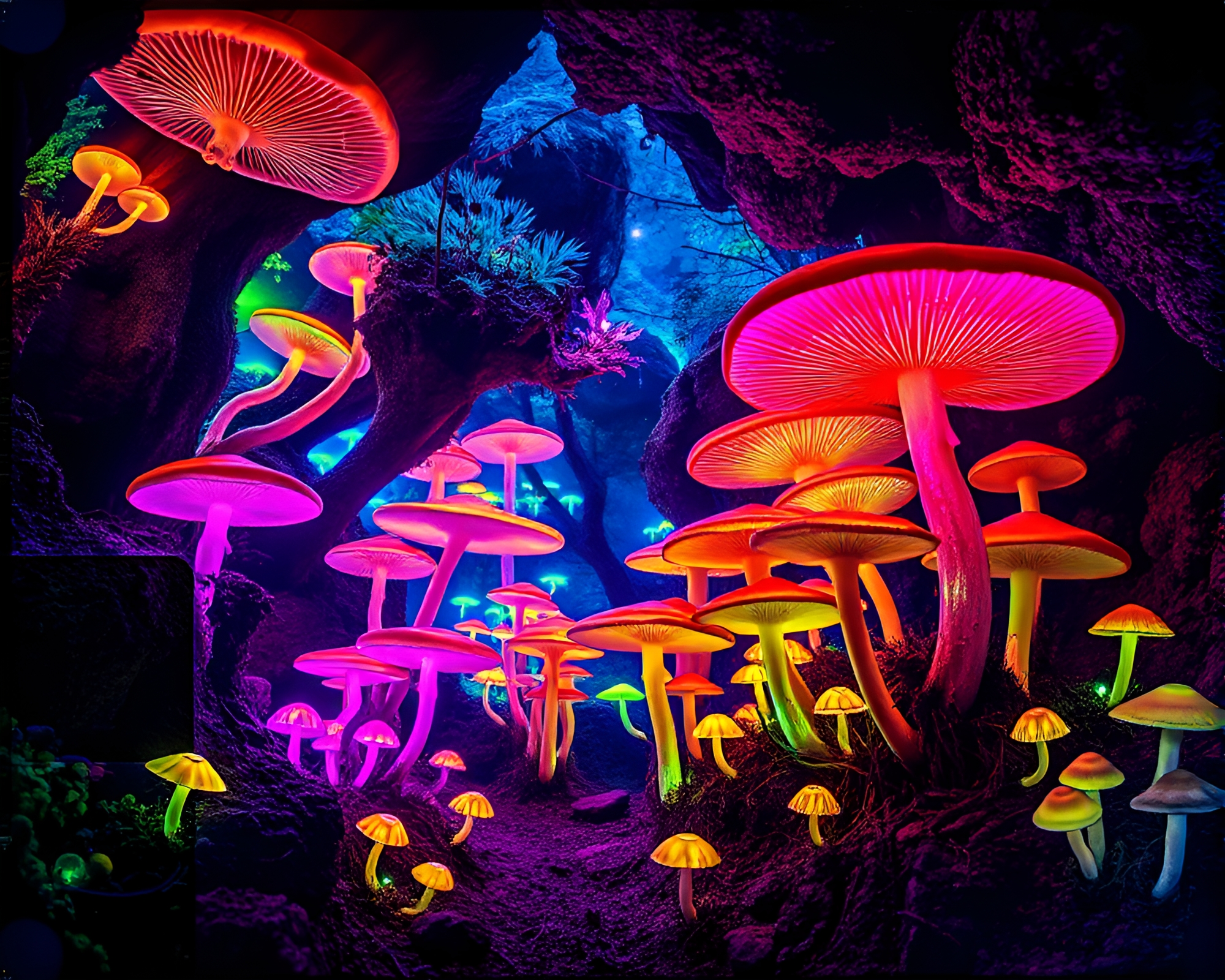 Enchanting Underground Bioluminescent Mushroom Forest Photomontage Collage – free AI stock image