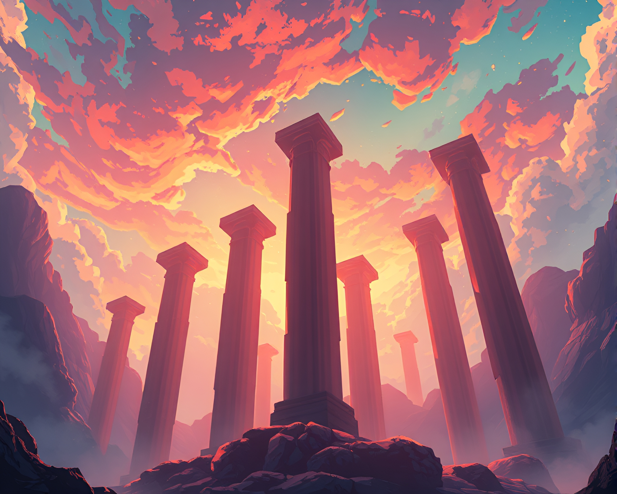 Suspended Monolithic Pillars in Vibrant Anime World – free AI stock image