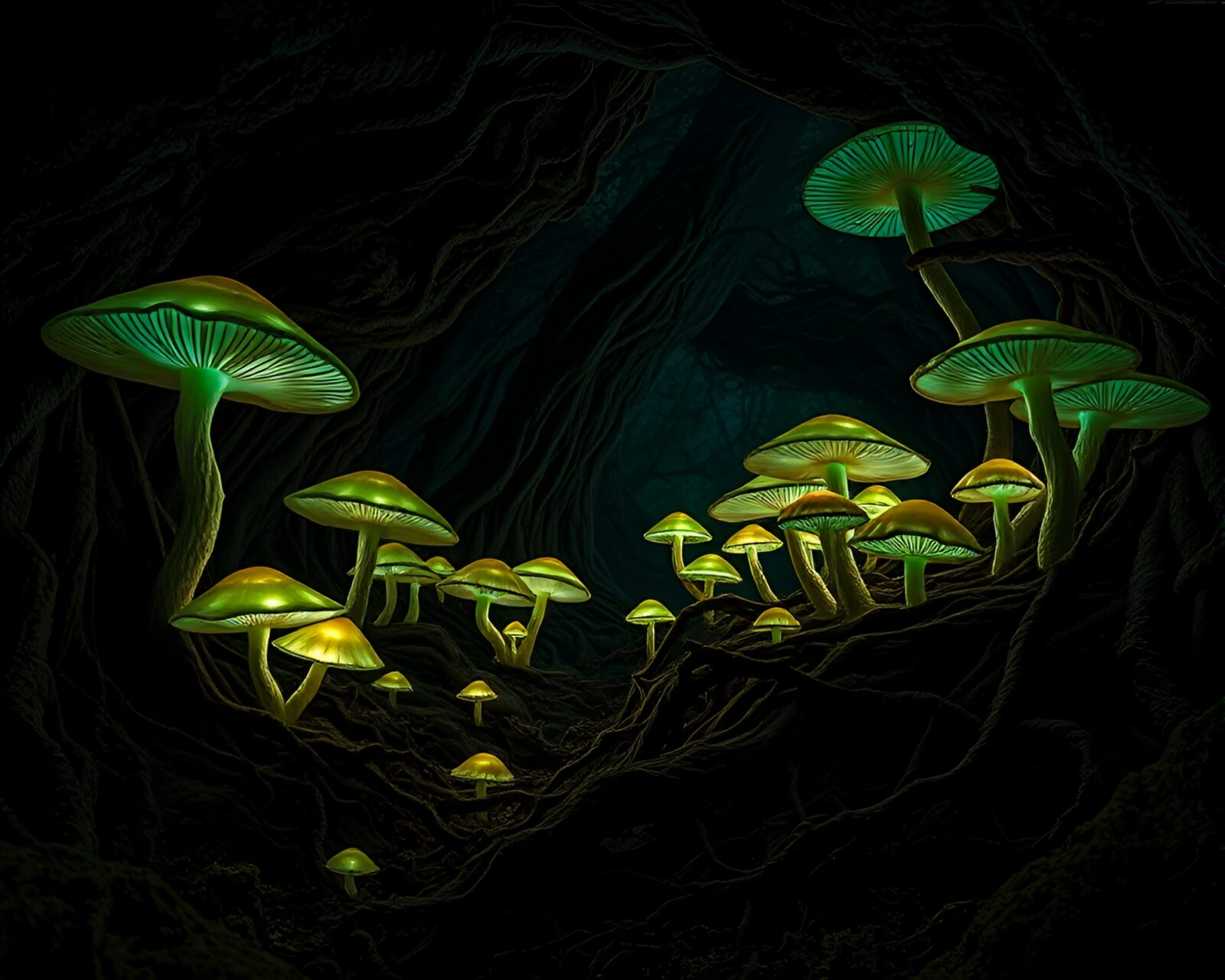 Glowing mushrooms and twisted roots in dim underground setting