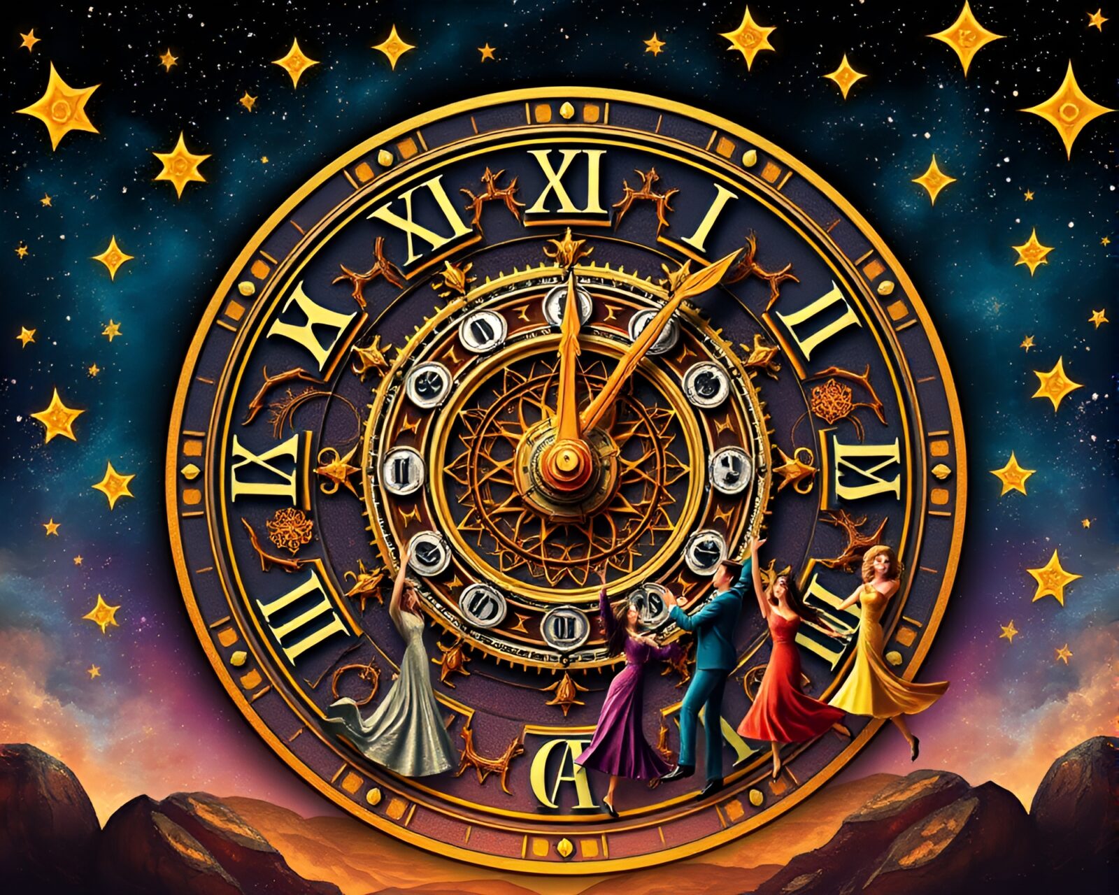 Intricate gears and celestial symbols on a cosmic clock face