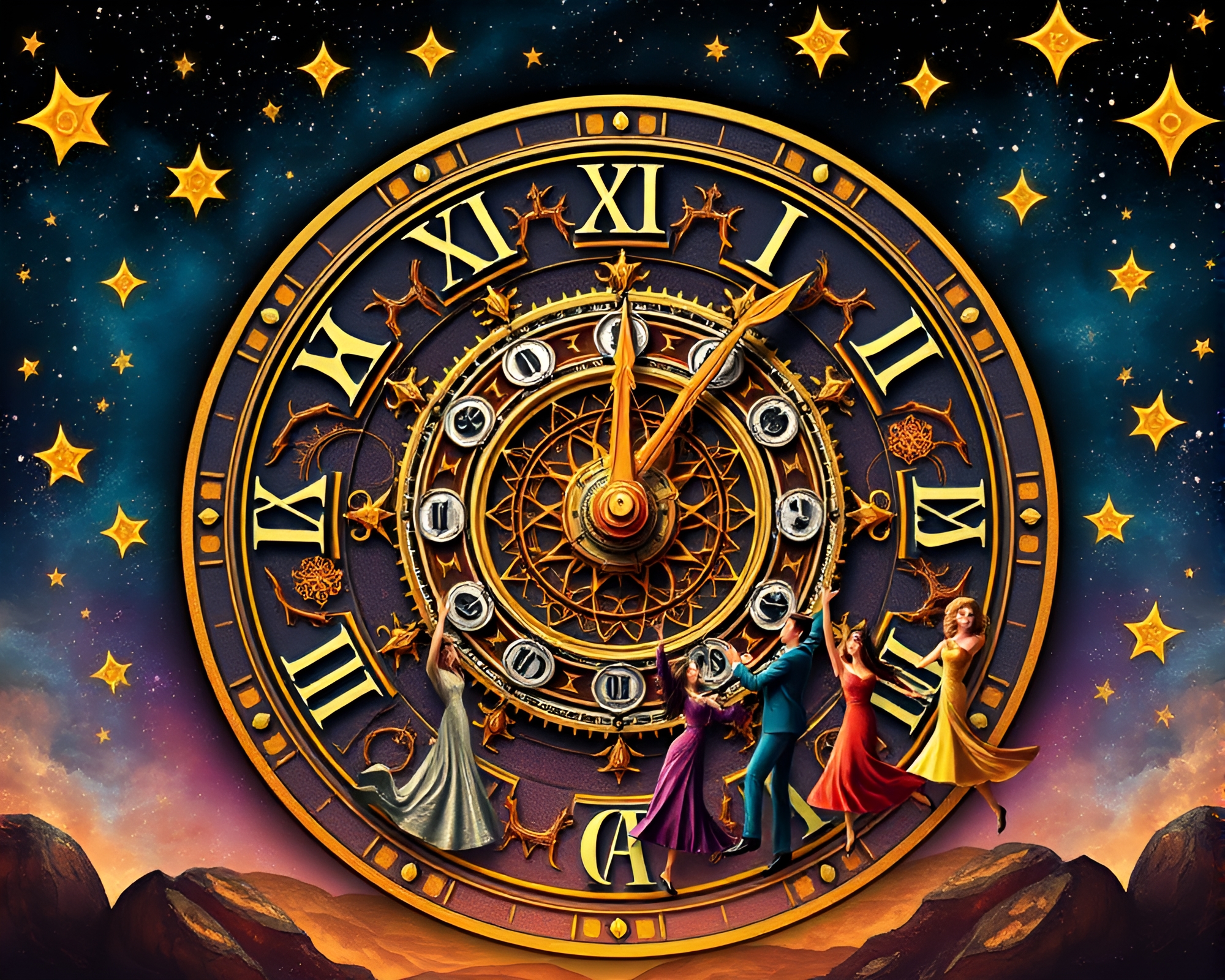 Cosmic Clock Face Surrounded by Fashion-Clad Dancers – free AI stock image