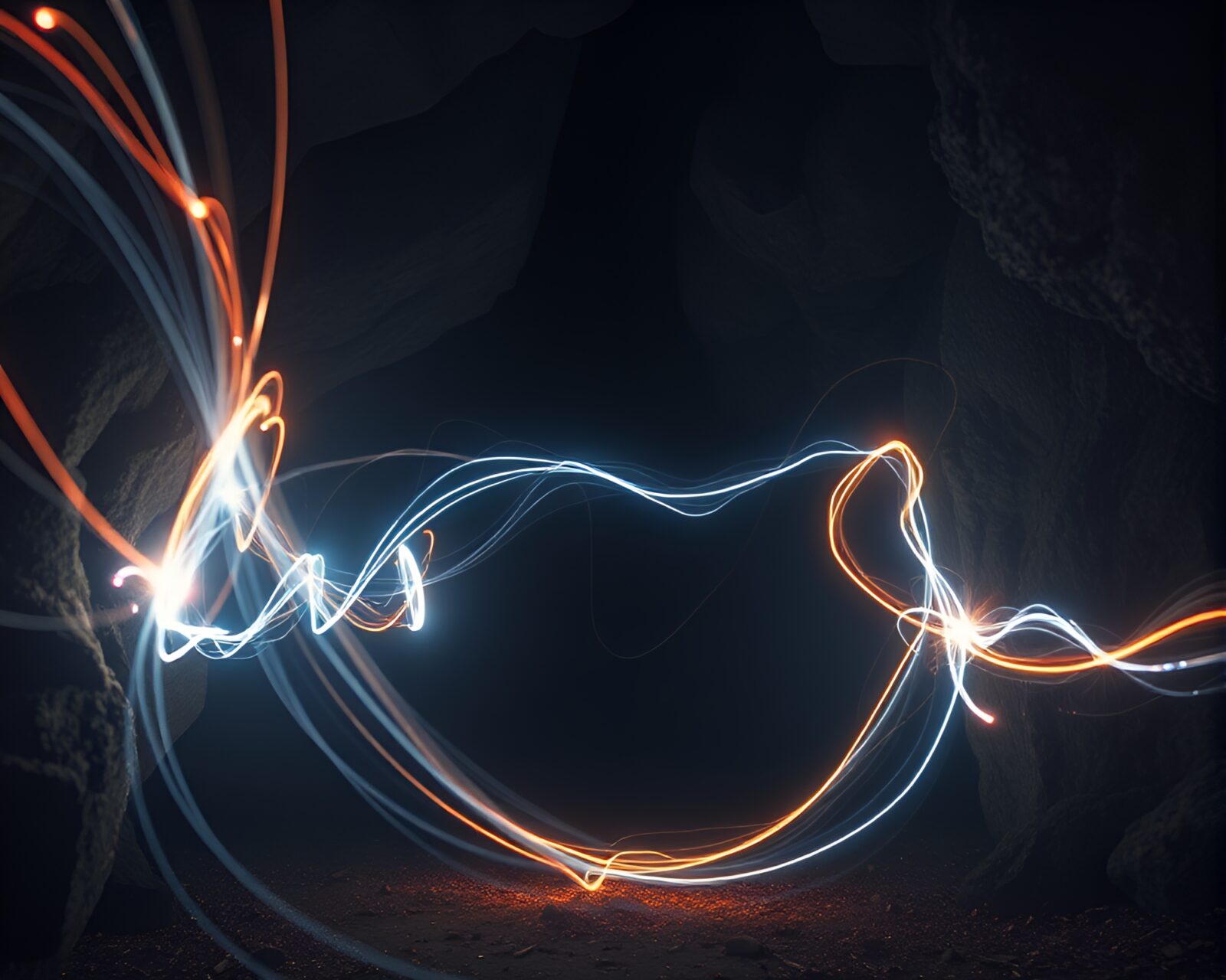 Dynamic light trails swirling in mystical, dark scenery