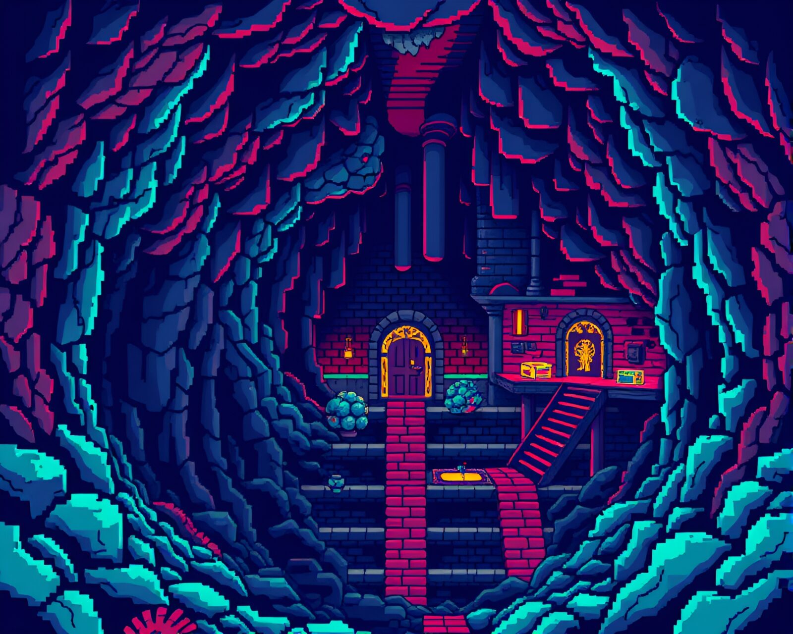 Detailed pixel art of a subterranean memory palace labyrinth