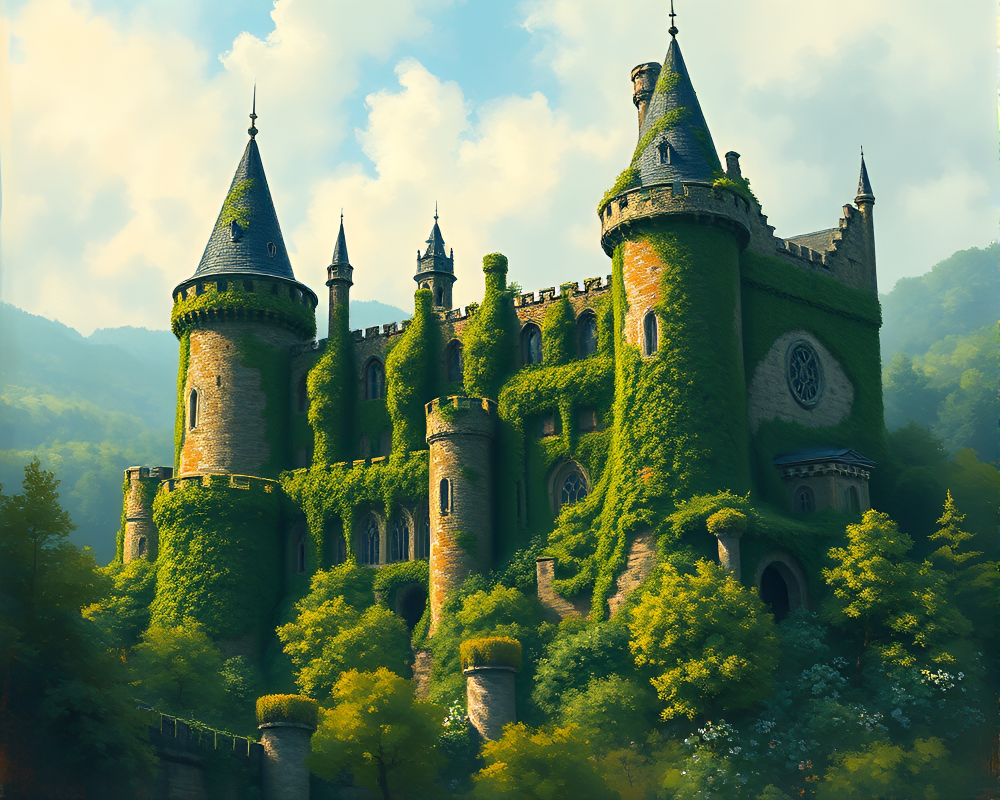 Majestic Ivy-Entwined Fortress in Galvanizing Impressionistic Style – free AI stock image