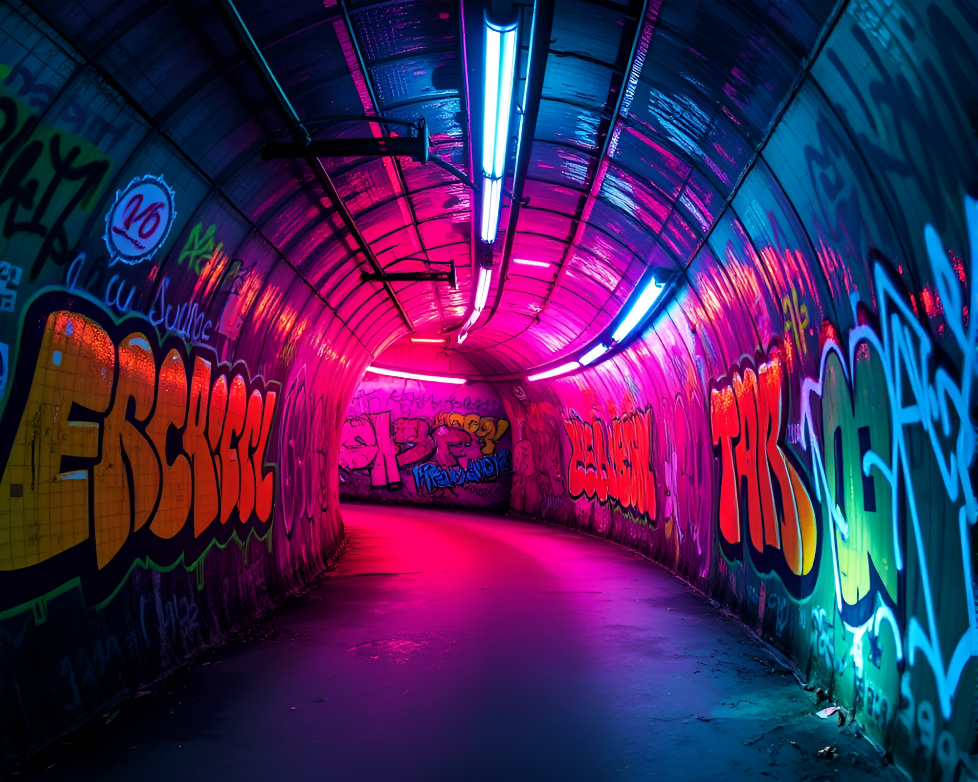 Vibrant Neon Graffiti-Covered Urban Tunnel Landscape – free AI stock image