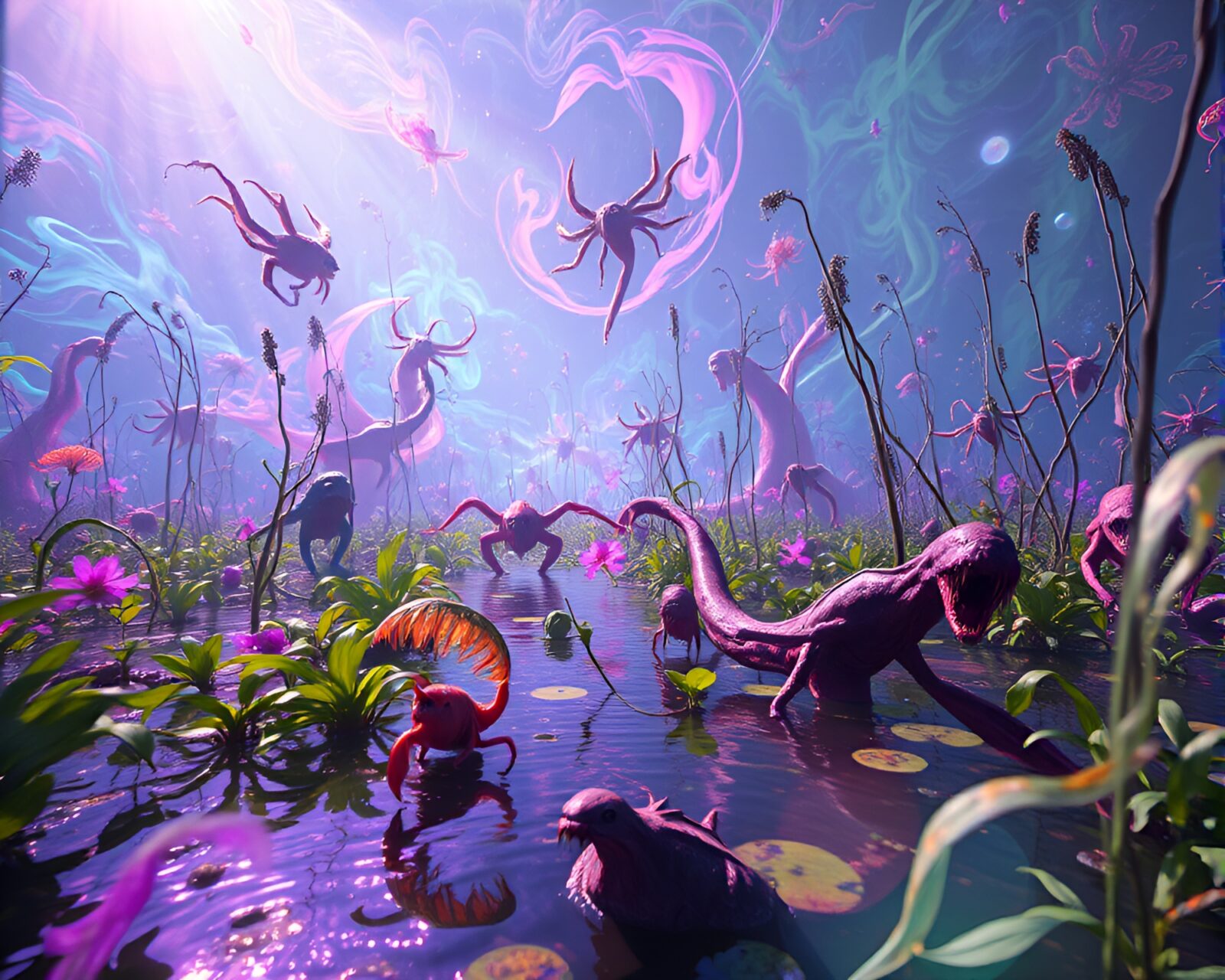 Surreal marsh scene with colorful CGI creatures and ethereal light