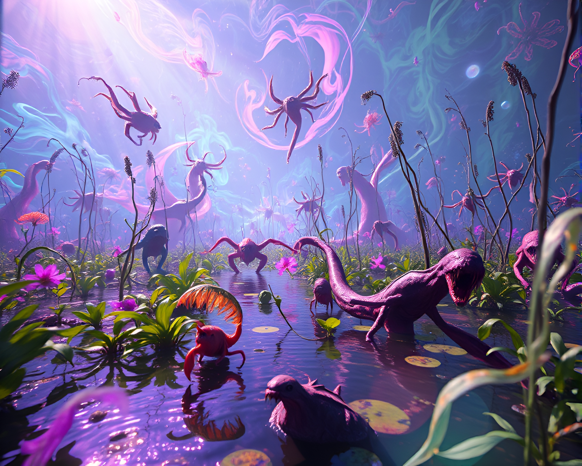 Ethereal CGI Creatures in Phantasmal Marsh – free AI stock image